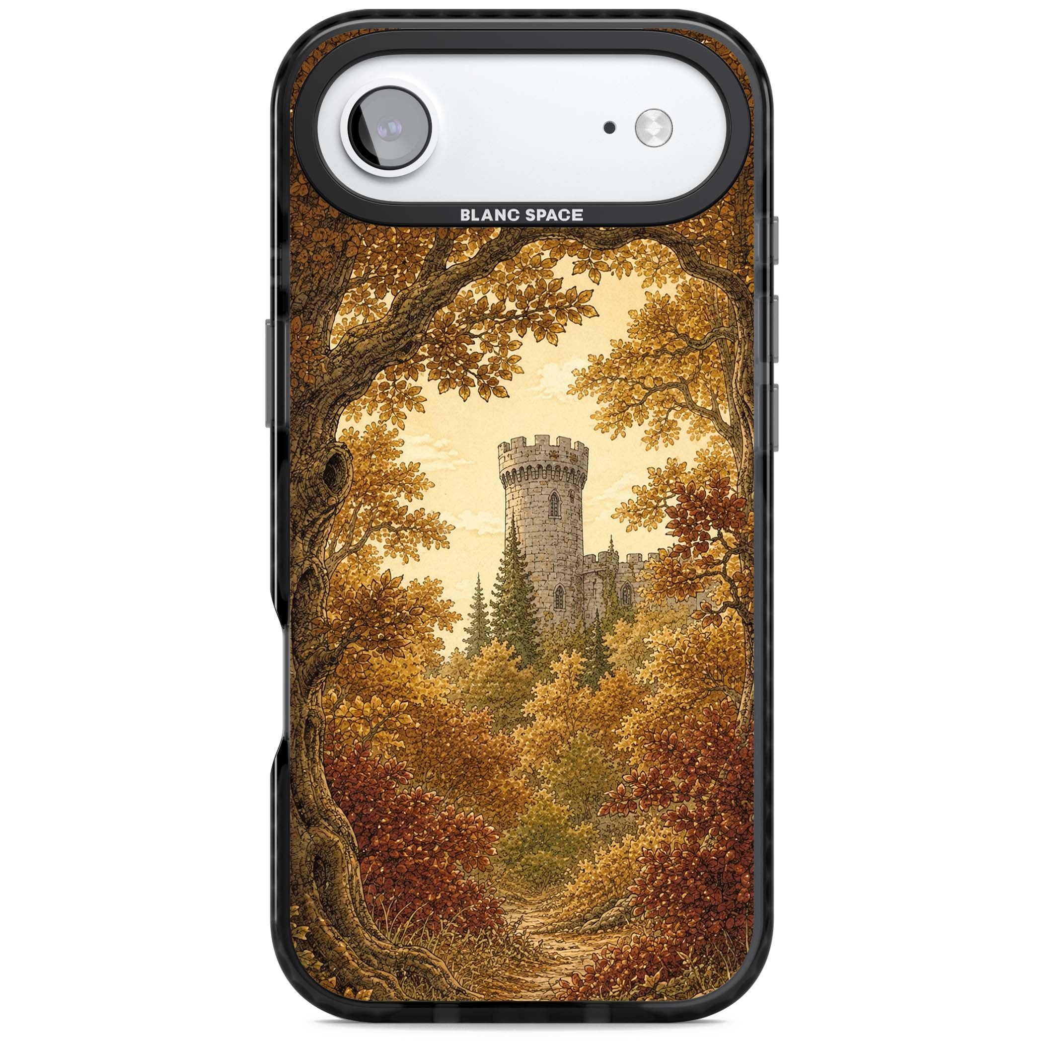 Autumn Keep cottagecore iPhone case featuring a medieval castle tower framed by golden autumn trees and woodland foliage | Clear Impact case for iPhone Air