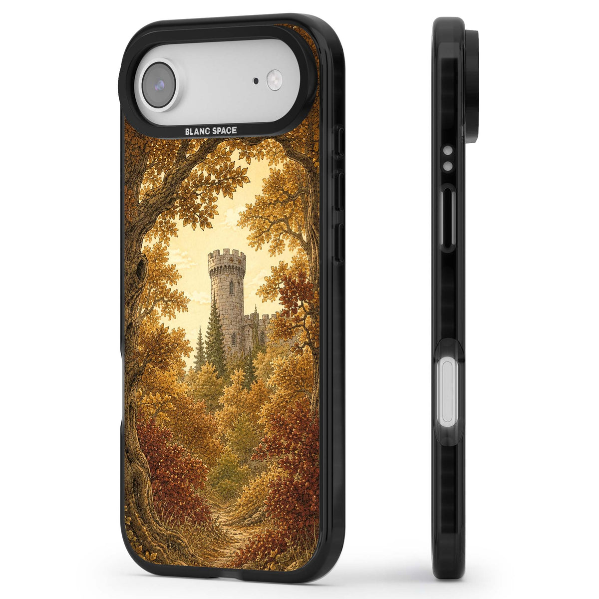 Autumn Keep cottagecore iPhone case featuring a medieval castle tower framed by golden autumn trees and woodland foliage | Clear Impact case for iPhone Air