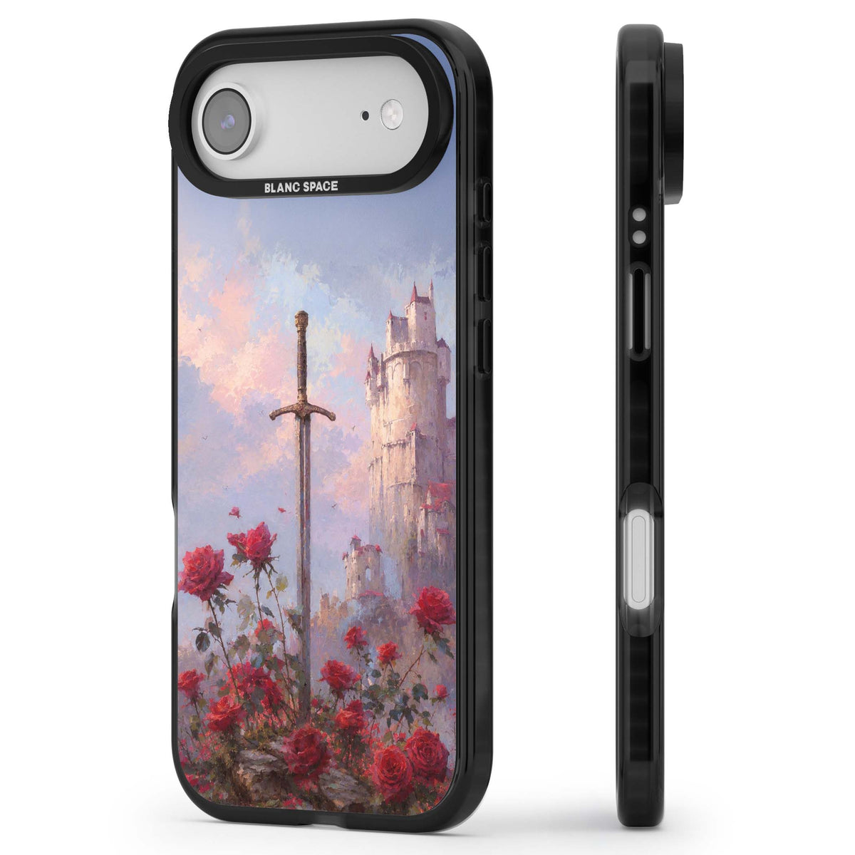 Sword in Roses medieval art iPhone case featuring a sword, red roses, and a misty fairytale castle at sunset | Clear Impact case for iPhone Air