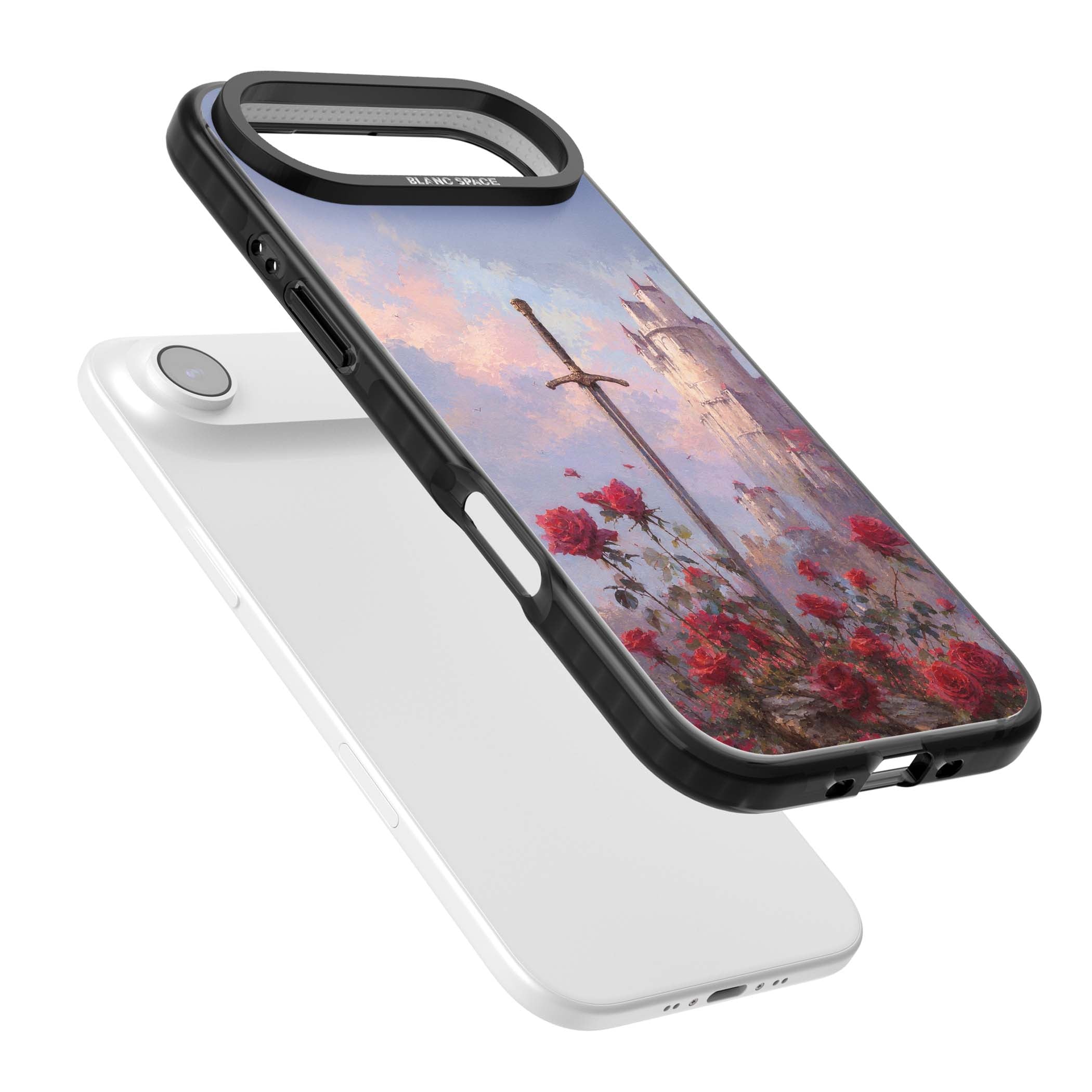 Sword in Roses medieval art iPhone case featuring a sword, red roses, and a misty fairytale castle at sunset | Clear Impact case for iPhone Air