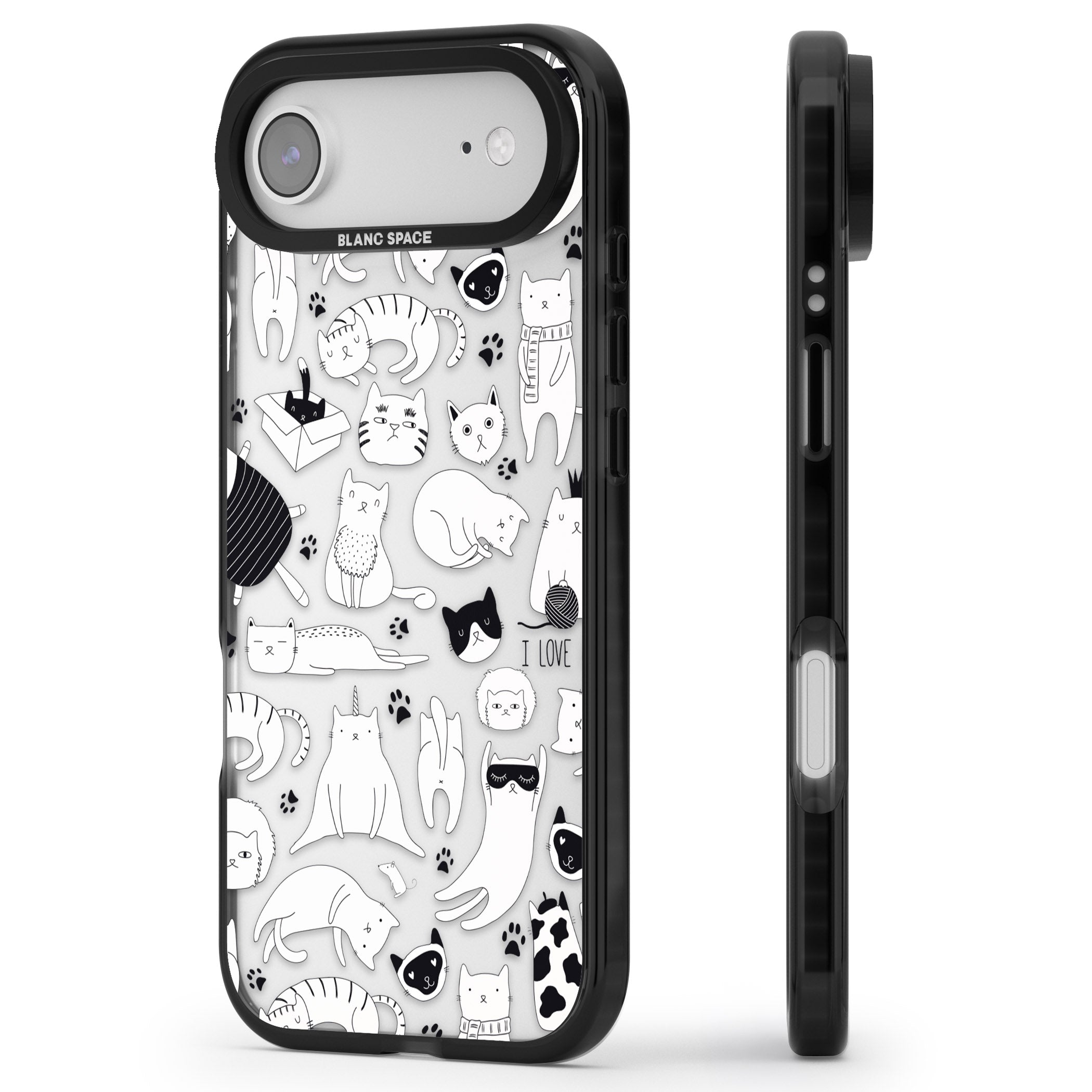 Cartoon Cat Collage Black & White iPhone 17 Air Impact Black Phone Case Side Profile