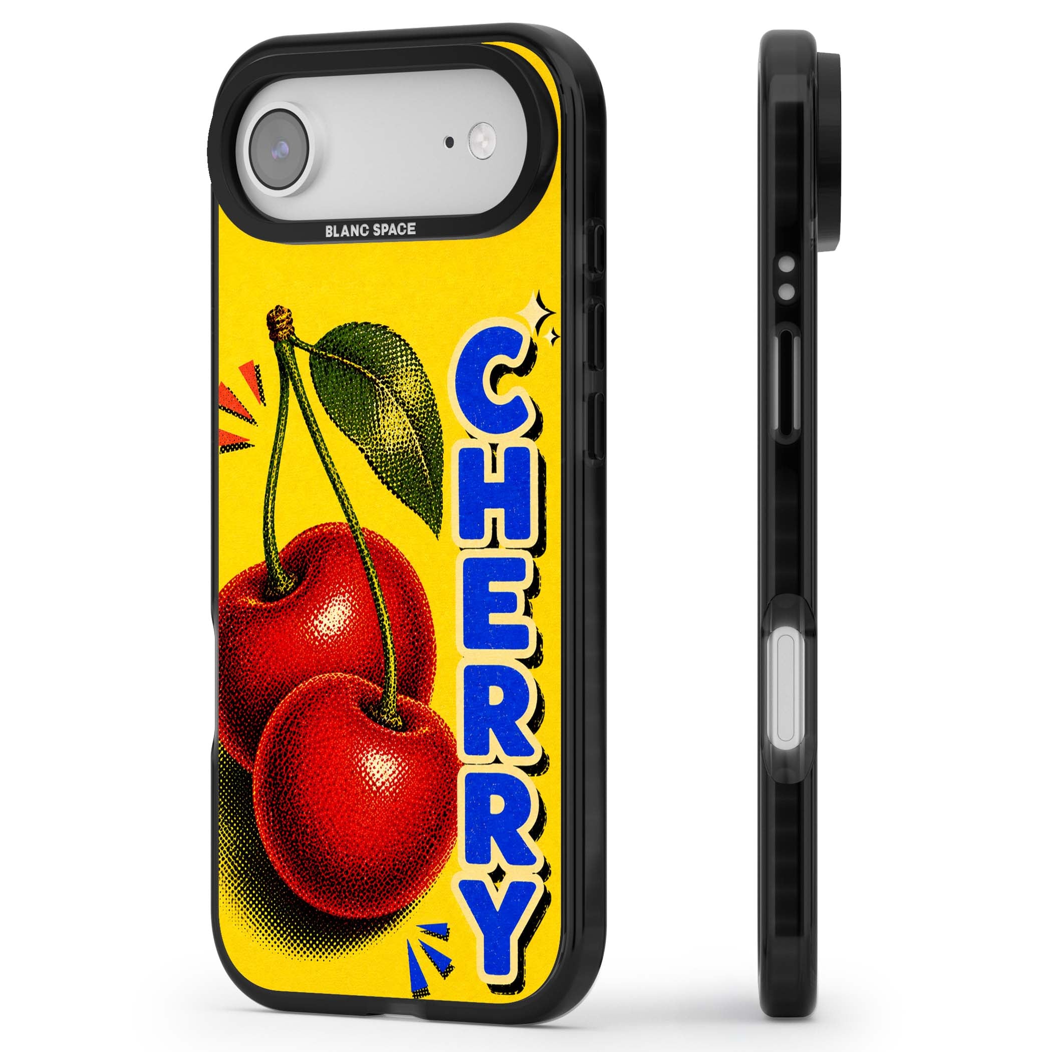 Cherry Yellow y2k iPhone case featuring two red cherries, halftone shading and bold blue CHERRY lettering on yellow | Clear Impact case for iPhone Air