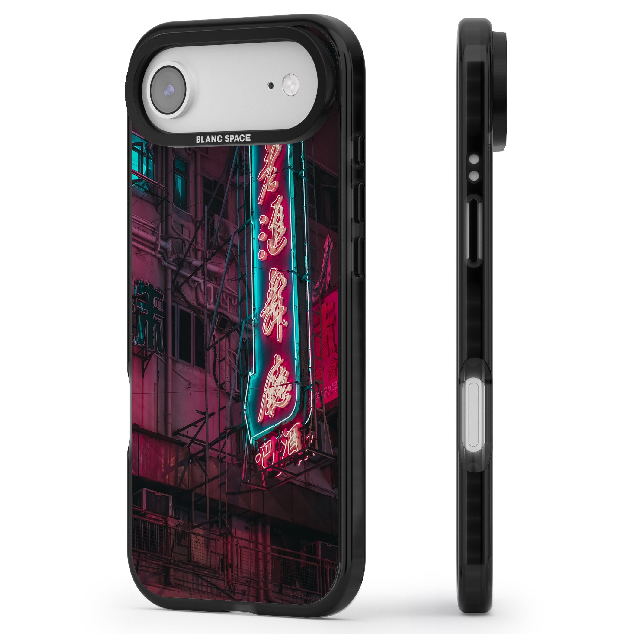 Neon Kanji Cityscape iPhone 17 Air Impact Black Phone Case Side Profile