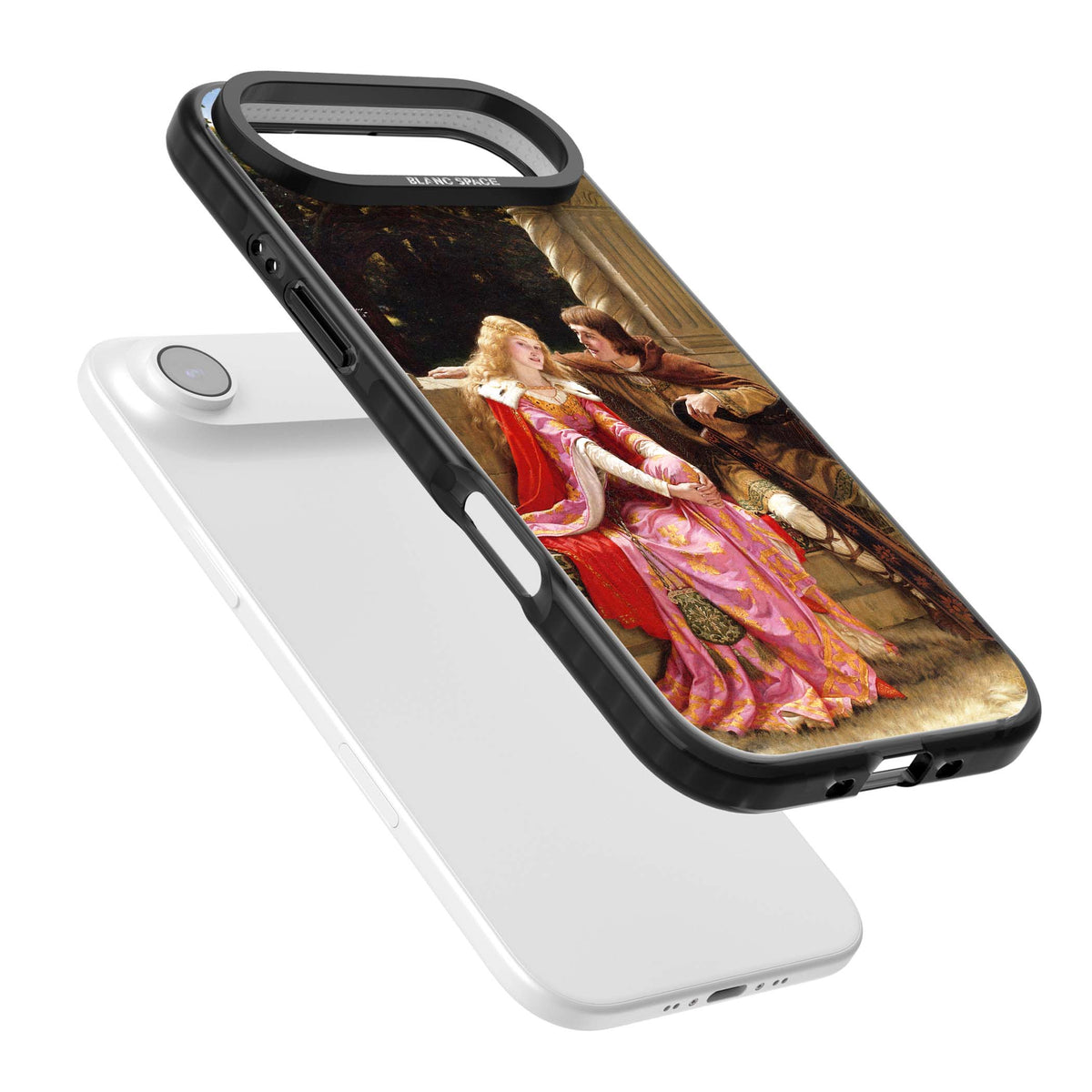The End of the Song classic art iPhone case featuring a medieval lady in pink gown and her knight in a stone archway | Clear Impact case for iPhone Air