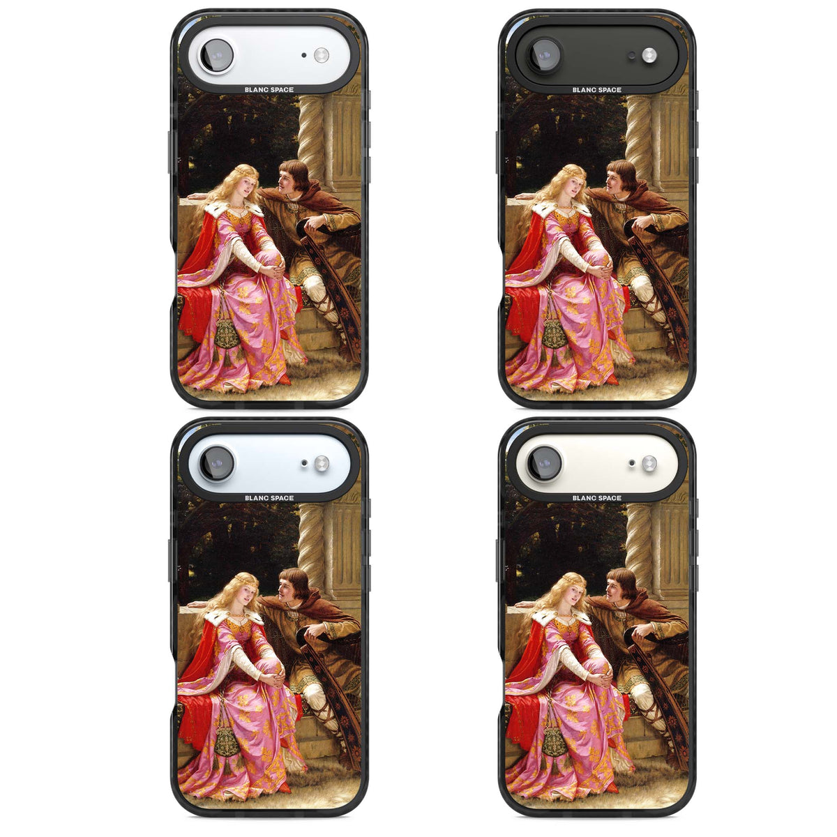 The End of the Song classic art iPhone case featuring a medieval lady in pink gown and her knight in a stone archway | Clear Impact case for iPhone Air