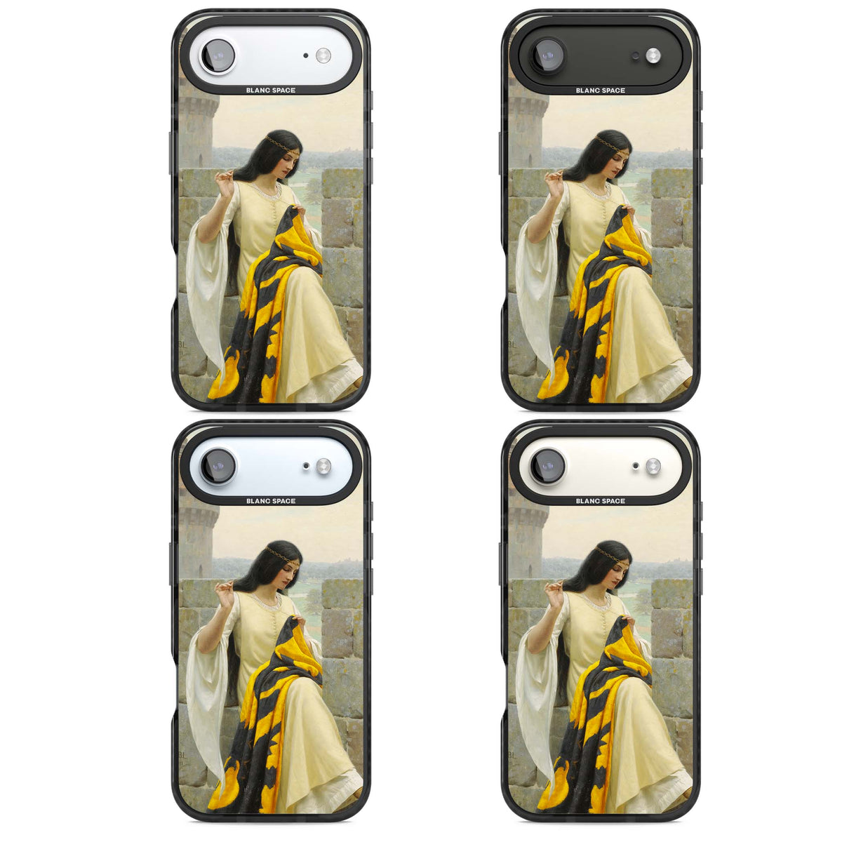 Stitching the Standard renaissance art iPhone case featuring a medieval lady sewing a golden banner on a castle wall | Clear Impact case for iPhone Air