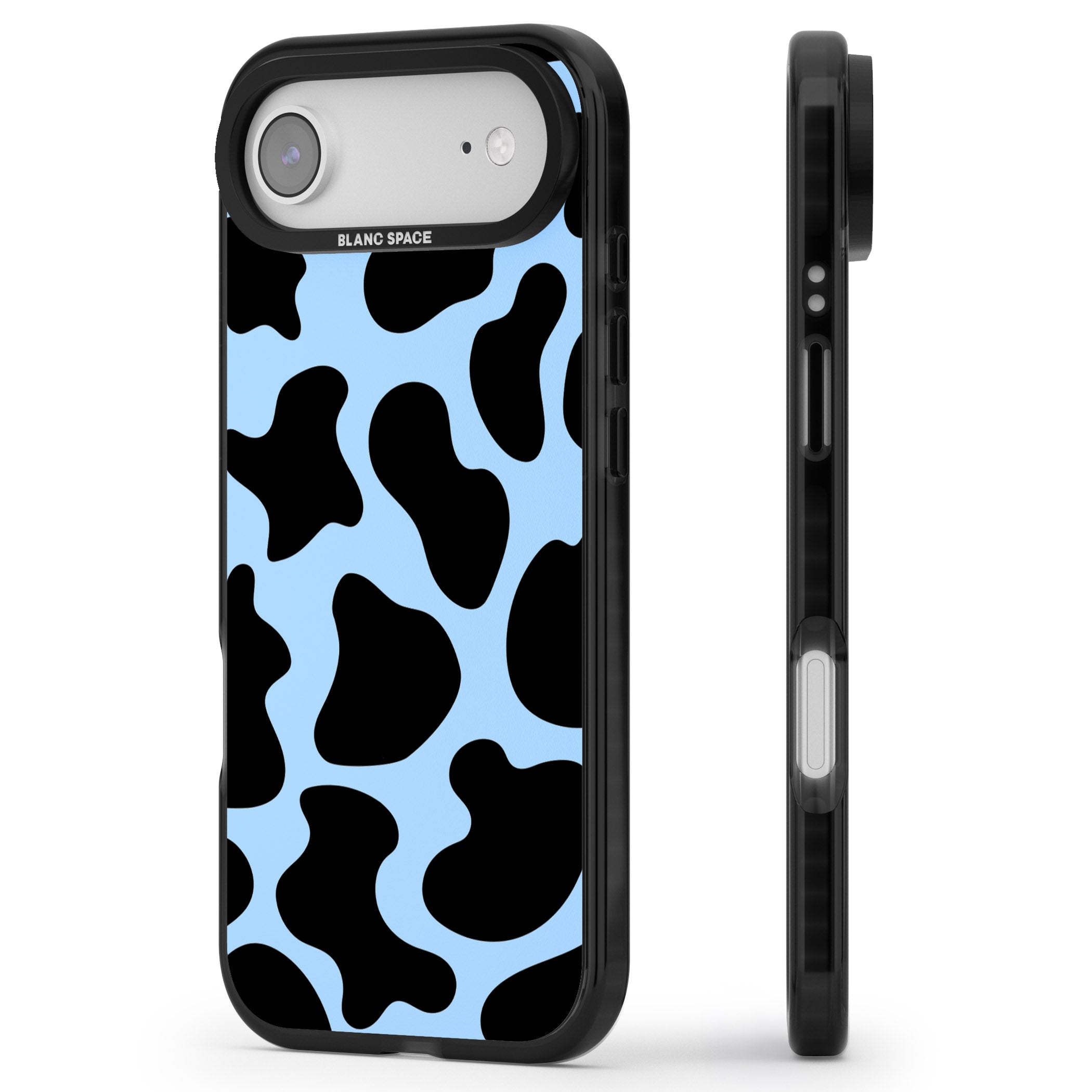 Blue And Black Cow Print iPhone 17 Air Impact Black Phone Case Side Profile