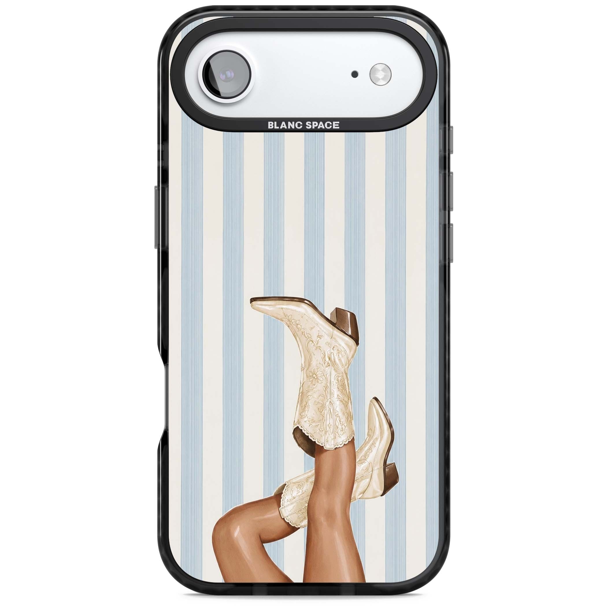 Cowgirl Boots coastal cowgirl iPhone case featuring embroidered western boots, tanned legs and a blue stripe backdrop | Clear Impact case for iPhone Air