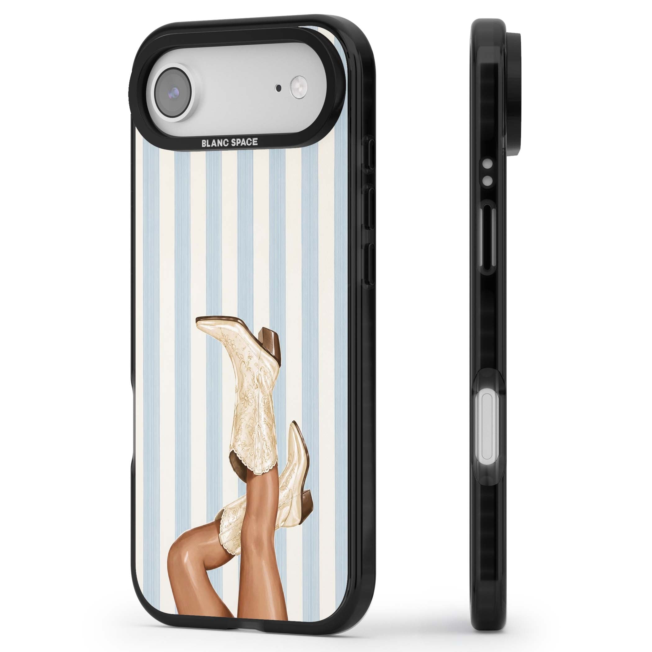 Cowgirl Boots coastal cowgirl iPhone case featuring embroidered western boots, tanned legs and a blue stripe backdrop | Clear Impact case for iPhone Air