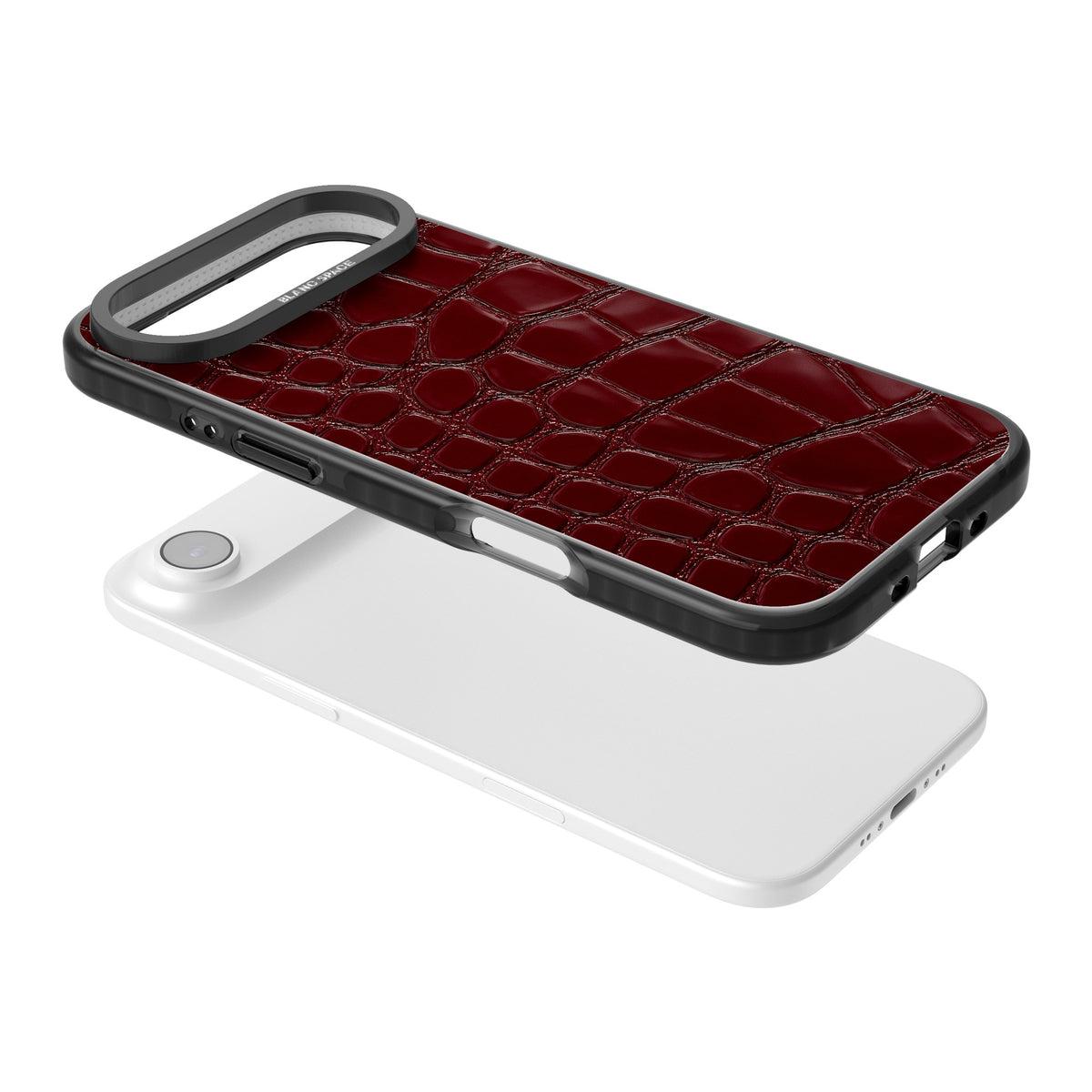 Dark Wine Crocodile old money iPhone case featuring burgundy crocodile leather print with glossy embossed-look scales iPhone Air / iPhone 17 Air Impact Black Phone Case angled