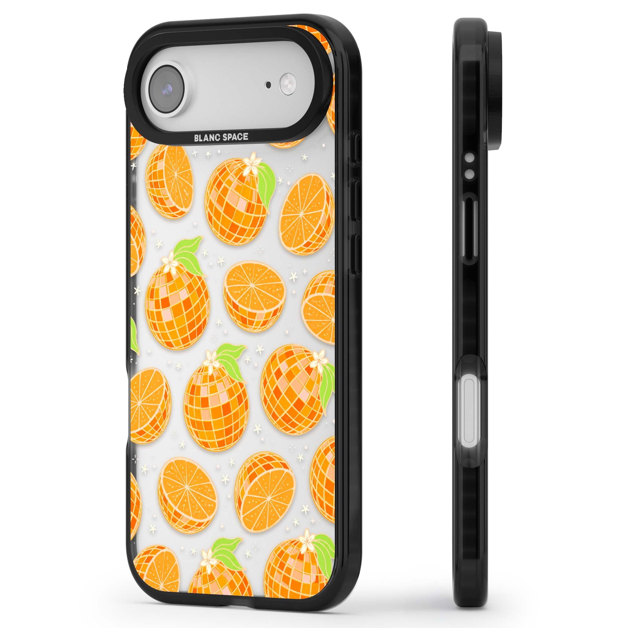 Disco Oranges retro iPhone case featuring mirrorball oranges, citrus slices and tiny blossoms on clear | Clear Impact case for iPhone Air