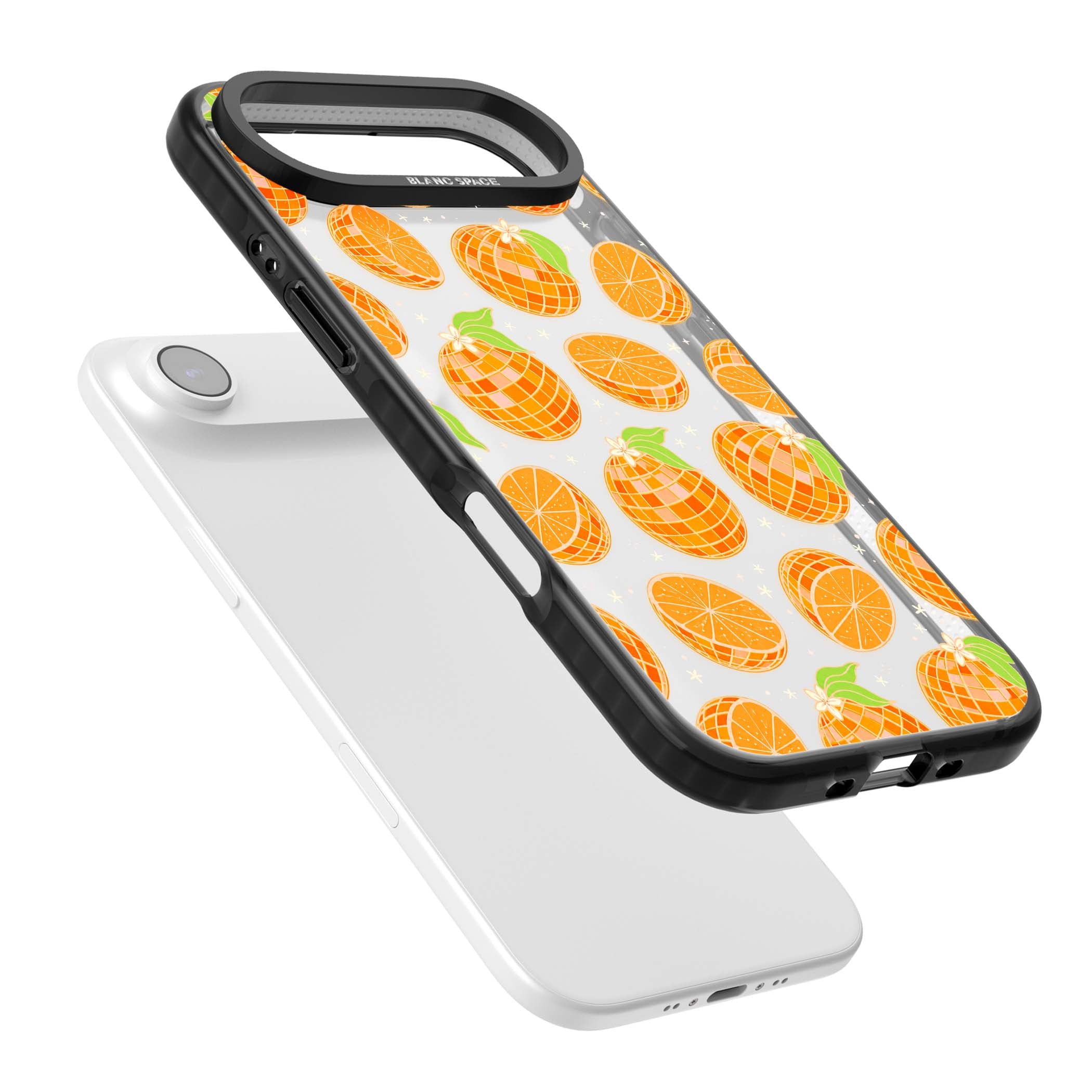 Disco Oranges retro iPhone case featuring mirrorball oranges, citrus slices and tiny blossoms on clear | Clear Impact case for iPhone Air