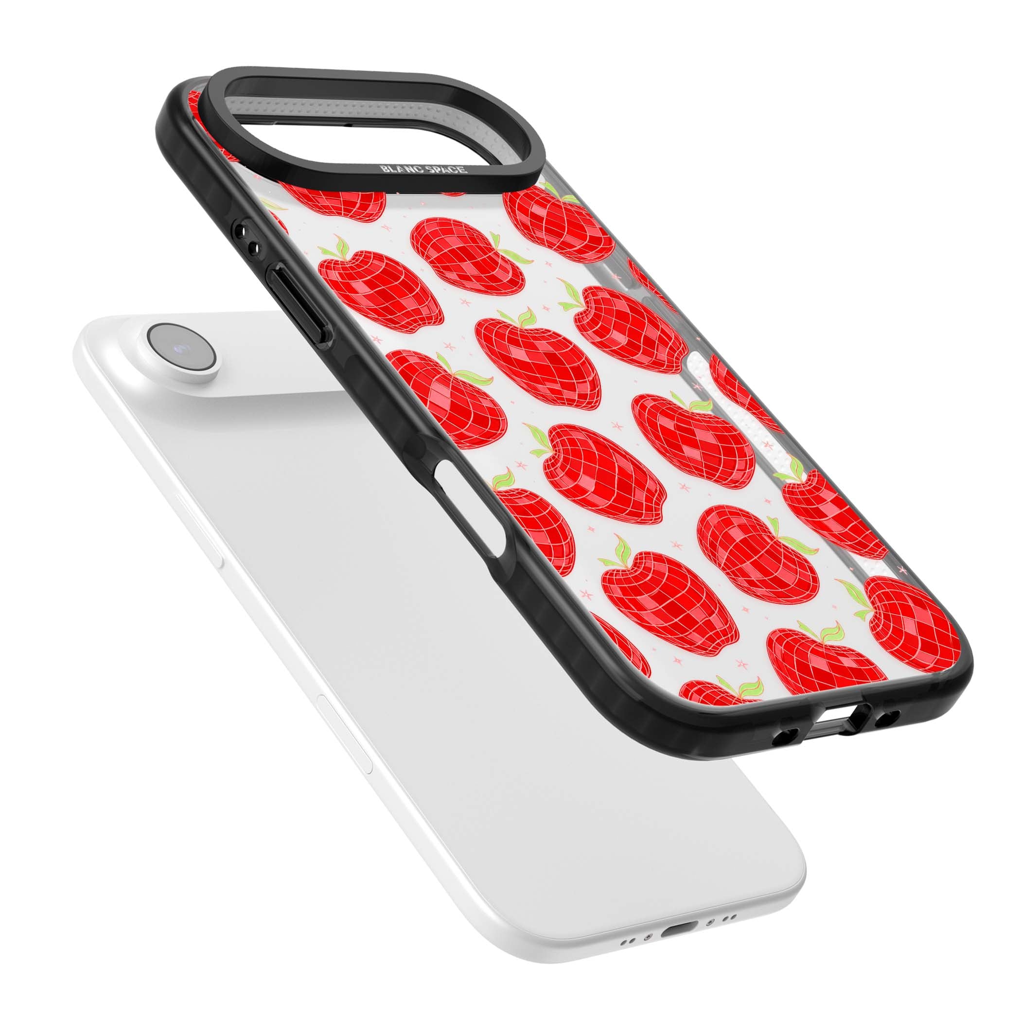 Disco Apples Y2K iPhone case featuring red disco ball apples, green leaves and pink sparkles on clear | Clear Impact case for iPhone Air