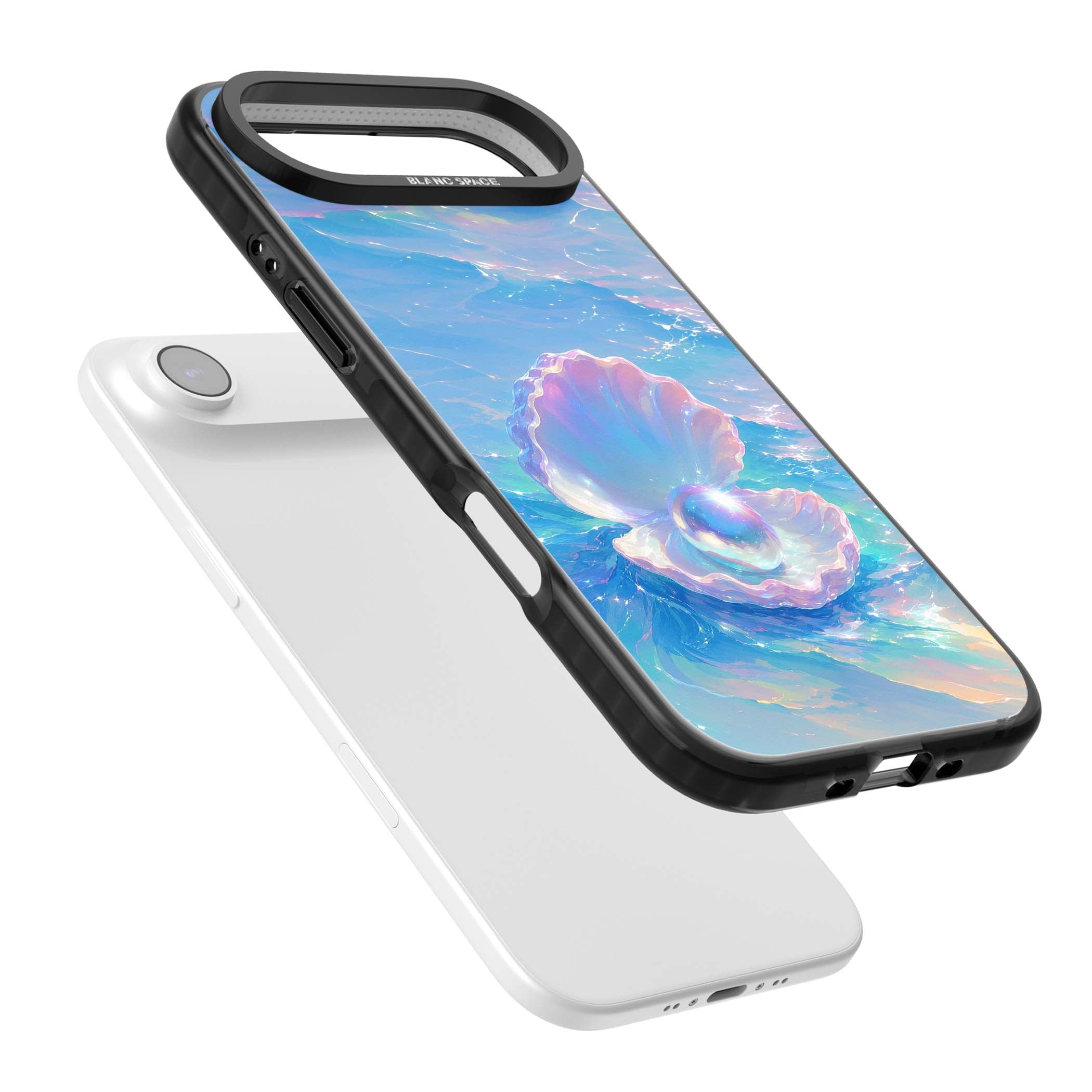 The Pearl Clam mermaidcore iPhone case featuring iridescent seashell, glowing pearl and pastel ocean waves | Clear Impact case for iPhone Air