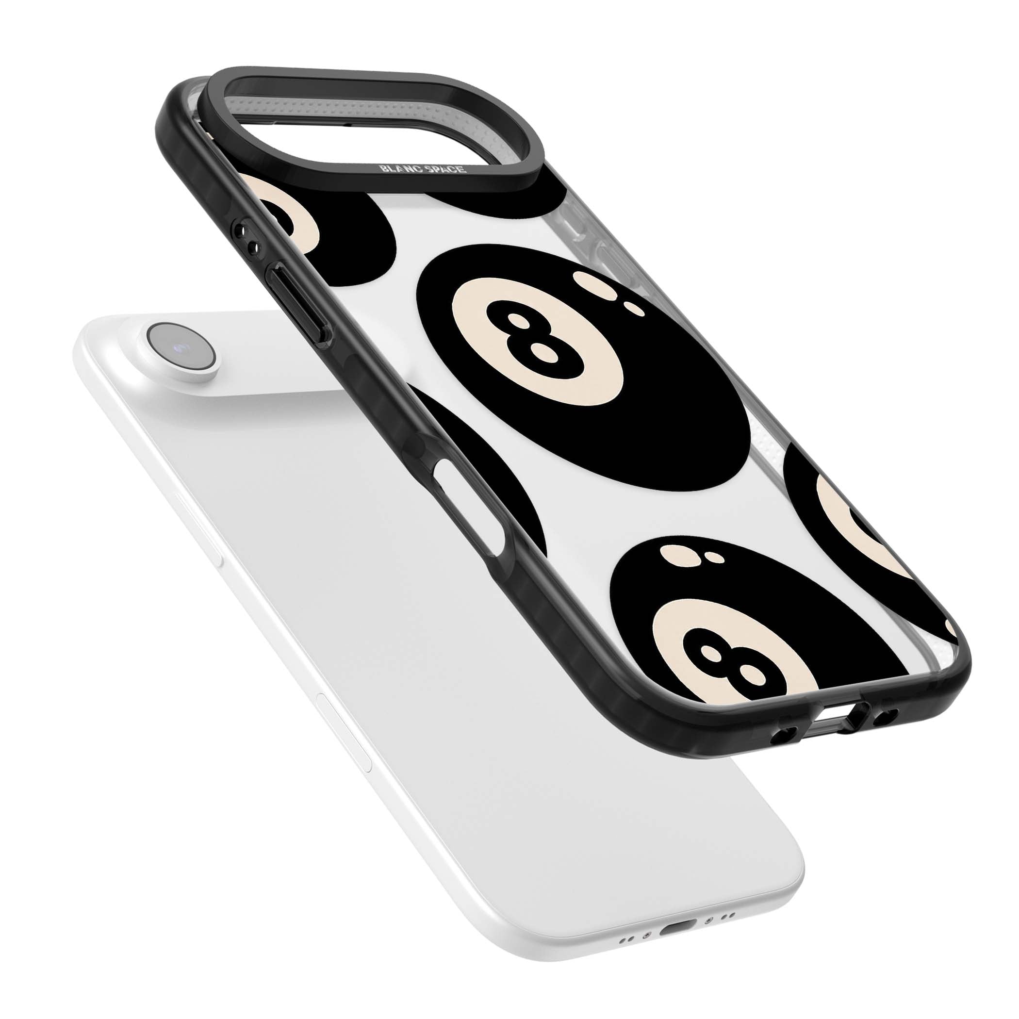 Eights y2k iPhone case featuring scattered black 8 balls with cream highlights on a clear background | Clear Impact case for iPhone Air