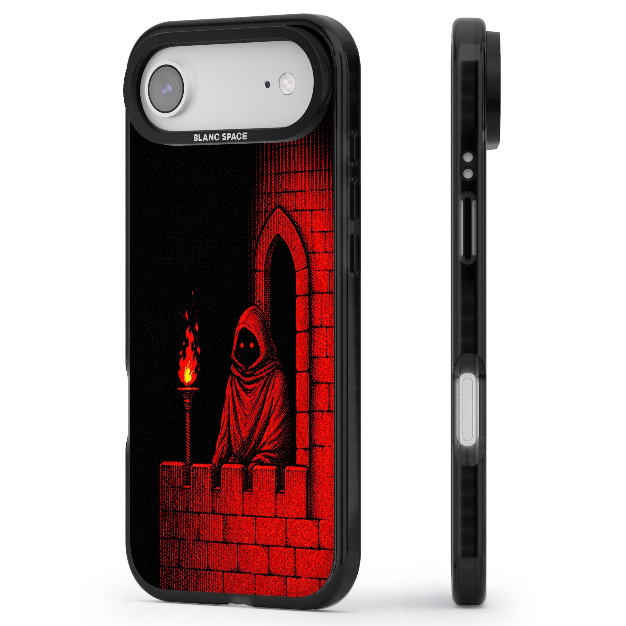 Crimson Crypt gothic iPhone case featuring a hooded reaper, torchlit crypt archway and red halftone horror art | Clear Impact case for iPhone Air