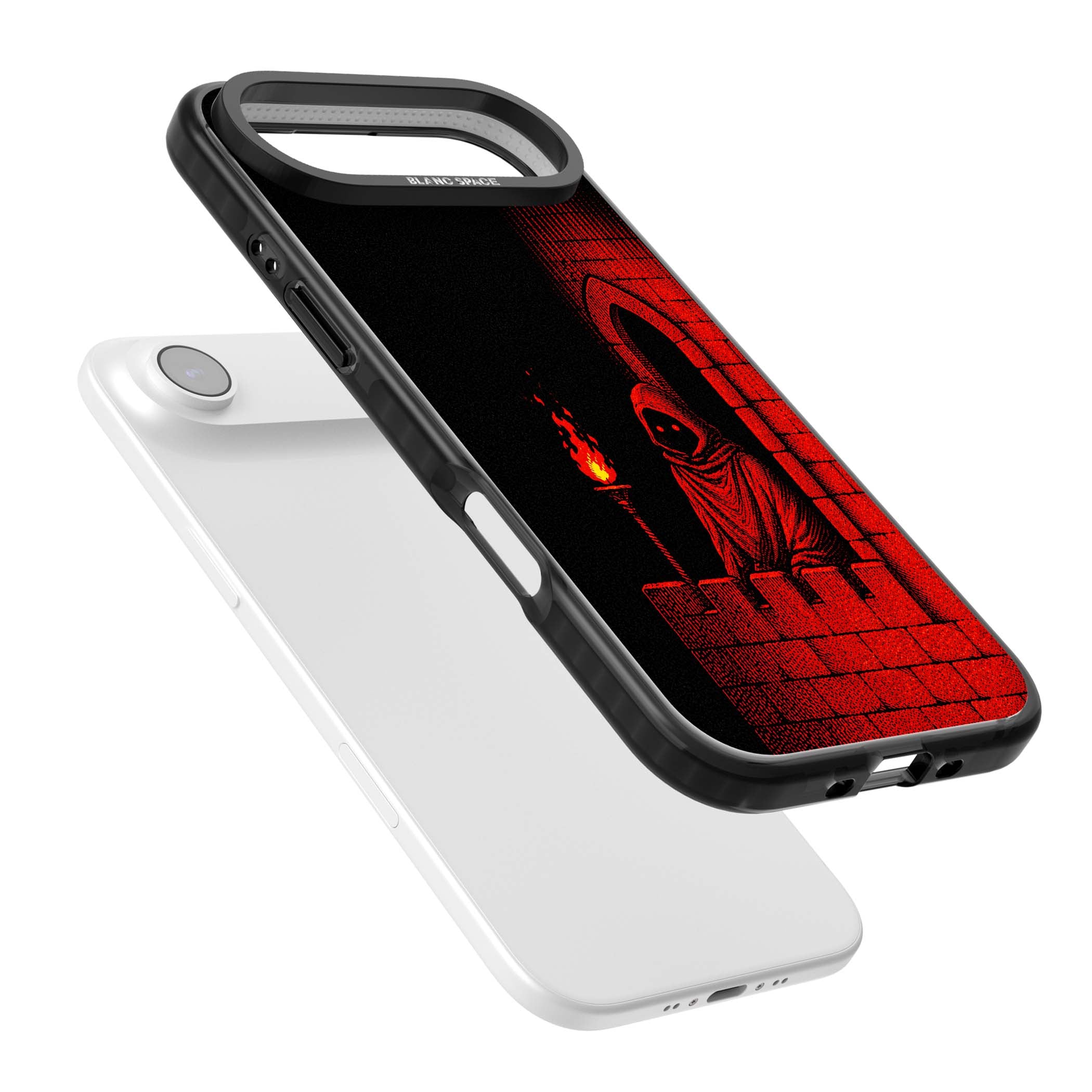 Crimson Crypt gothic iPhone case featuring a hooded reaper, torchlit crypt archway and red halftone horror art | Clear Impact case for iPhone Air