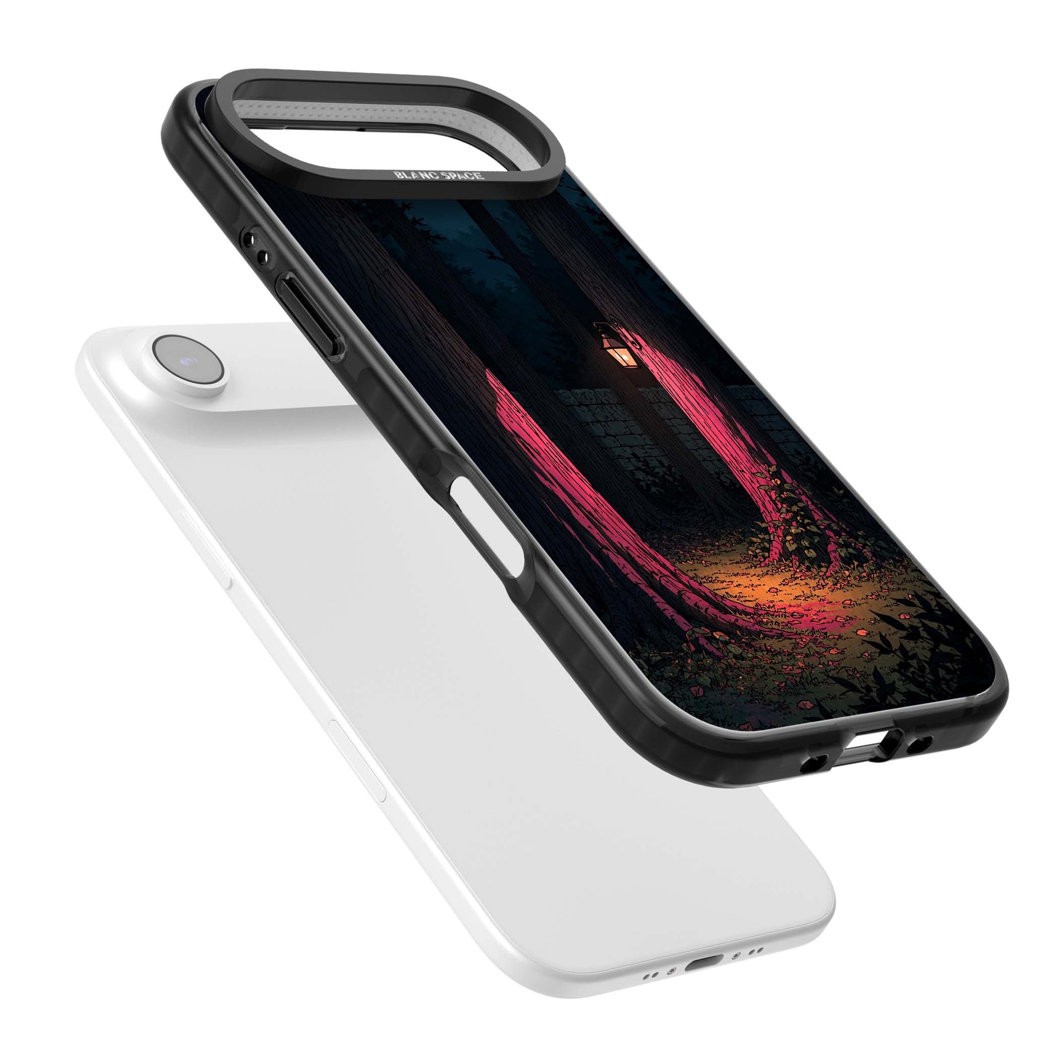 Forest Lantern dark academia iPhone case featuring a moonlit forest, glowing lantern, and stone wall pathway | Clear Impact case for iPhone Air