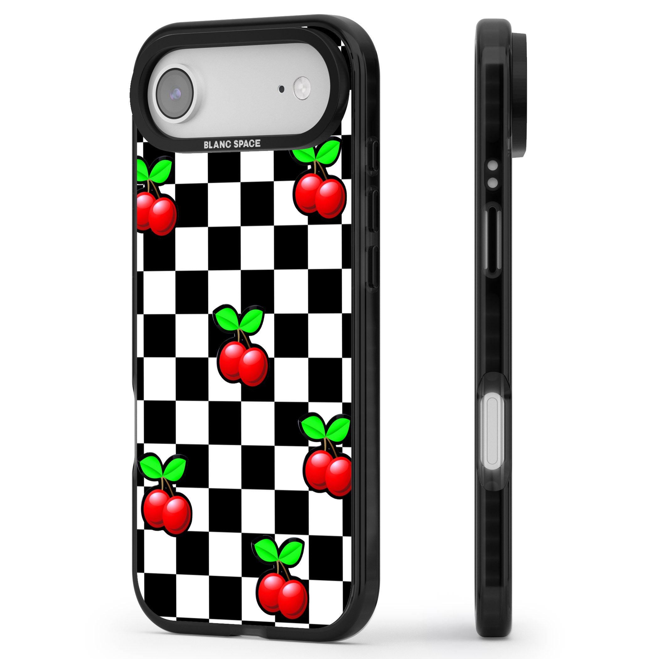 Checkered Cherry iPhone 17 Air Impact Black Phone Case Side Profile