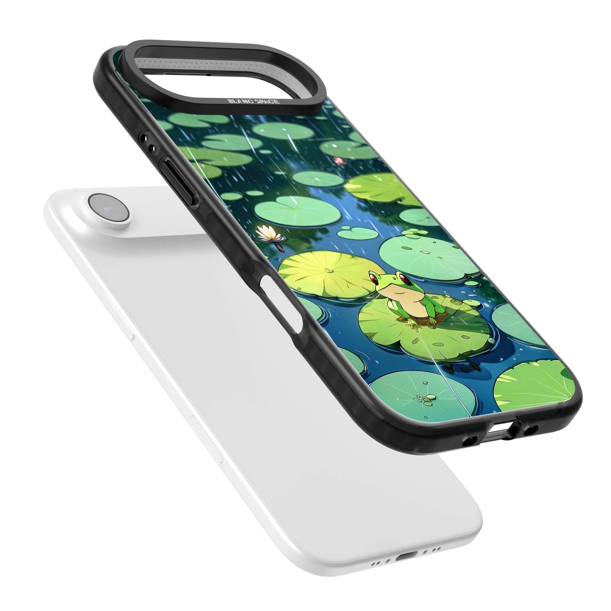 Frog In Lily Pond cottagecore iPhone case featuring a cute green frog on a lily pad with falling rain and a lotus flower | Clear Impact case for iPhone Air