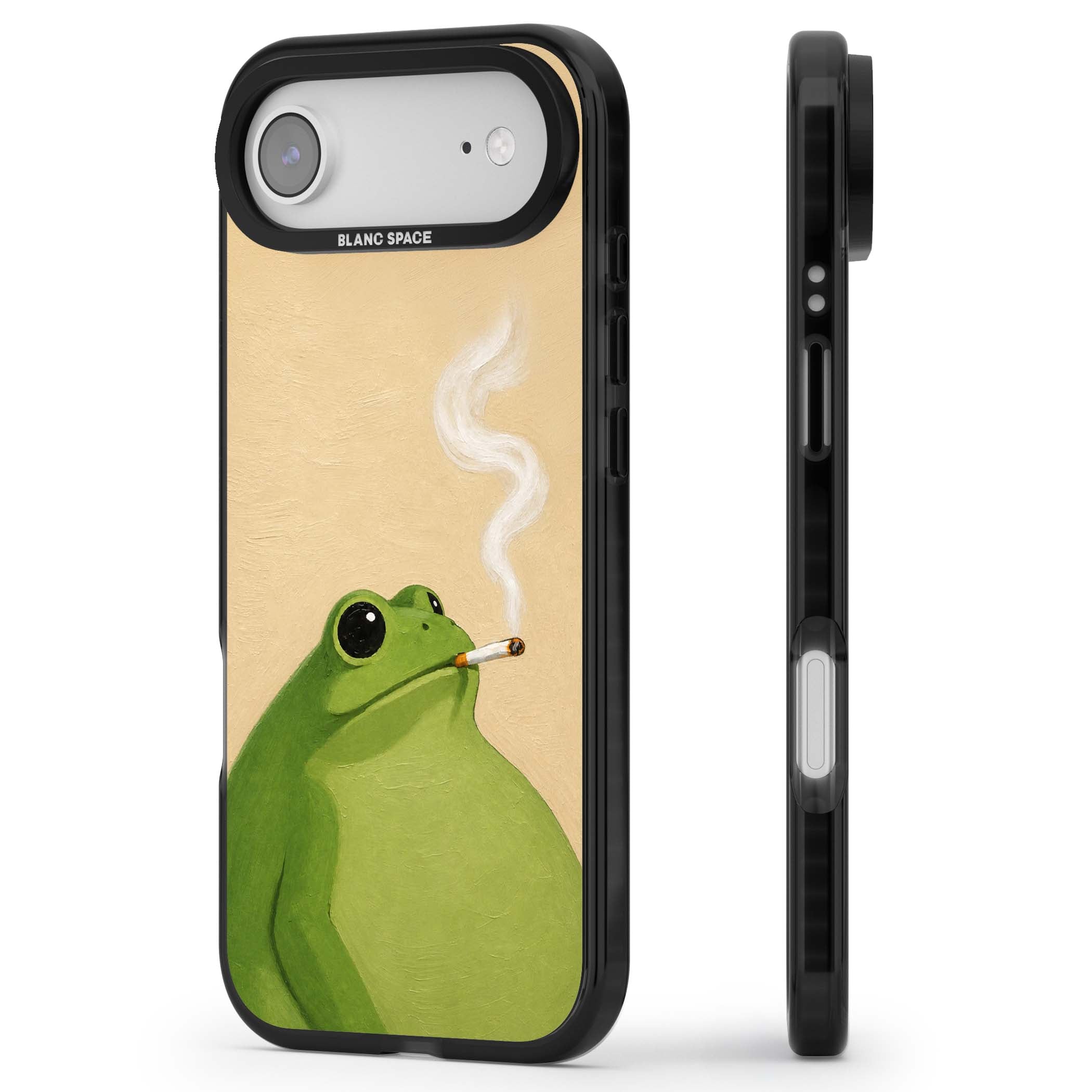 The Smoking Frog cottagecore iPhone case featuring a hand-painted green frog smoking a cigarette on a cream oil painting back | Clear Impact case for iPhone Air