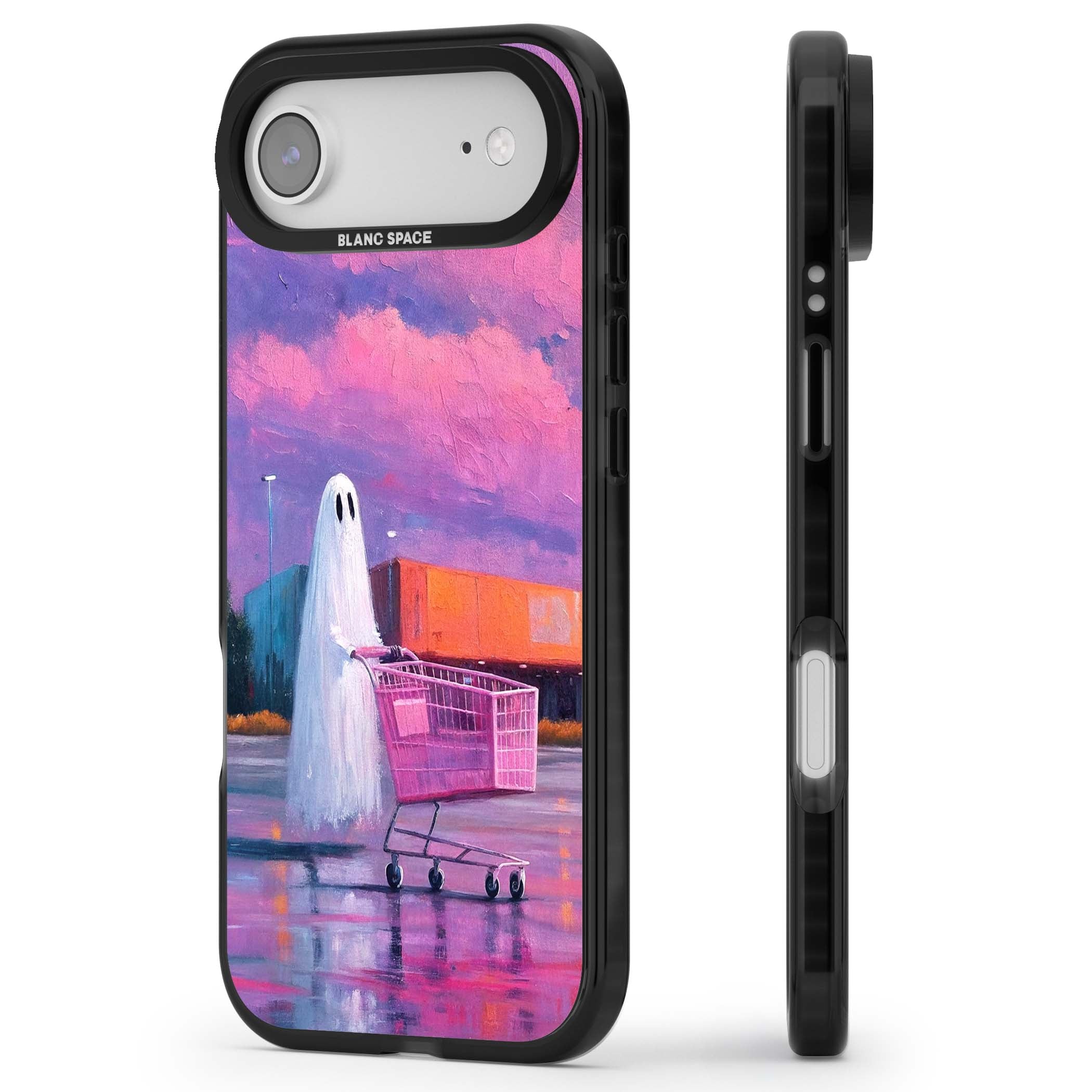 A Ghost's Errand ghost halloween iPhone case featuring a painted ghost, pink shopping trolley and purple sunset sky | Clear Impact case for iPhone Air