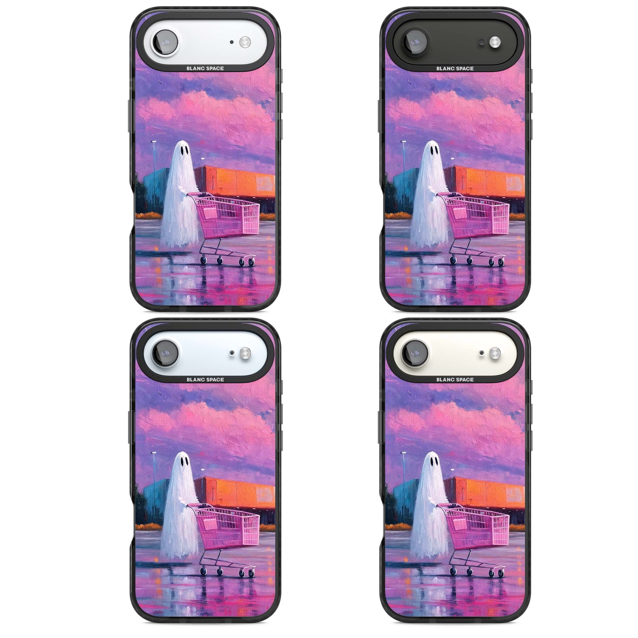 A Ghost's Errand ghost halloween iPhone case featuring a painted ghost, pink shopping trolley and purple sunset sky | Clear Impact case for iPhone Air