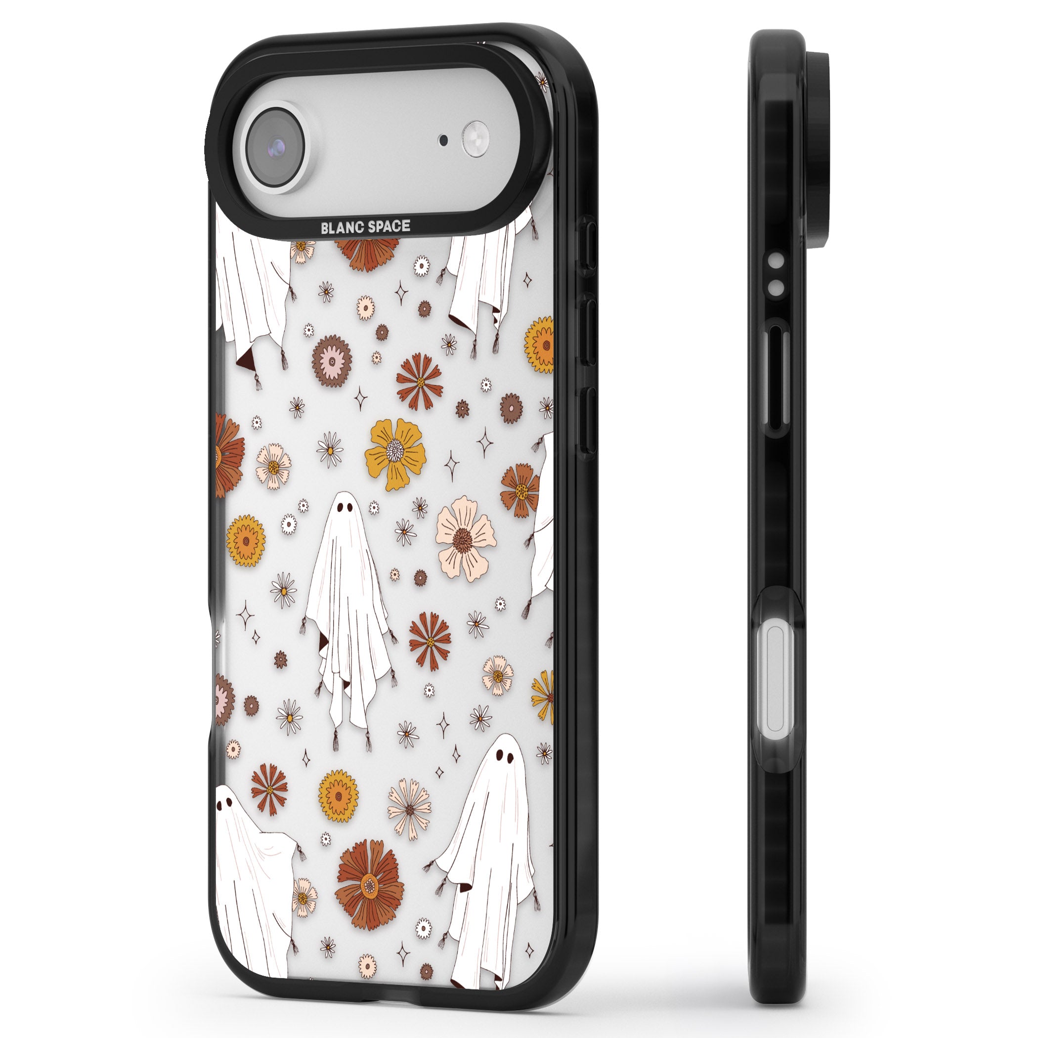 Halloween Ghosts And Flowers iPhone 17 Air Impact Black Phone Case Side Profile