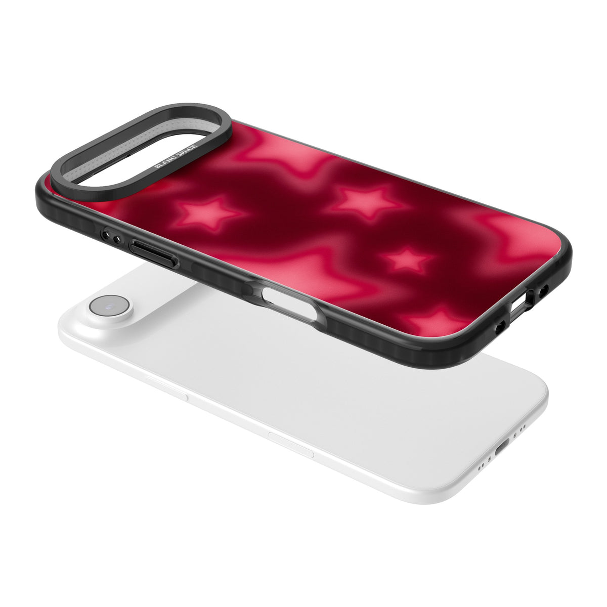 Afterglow Y2K iPhone case featuring blurred red aura stars, a dark crimson gradient and soft glowing haze iPhone Air / iPhone 17 Air Impact Black Phone Case angled