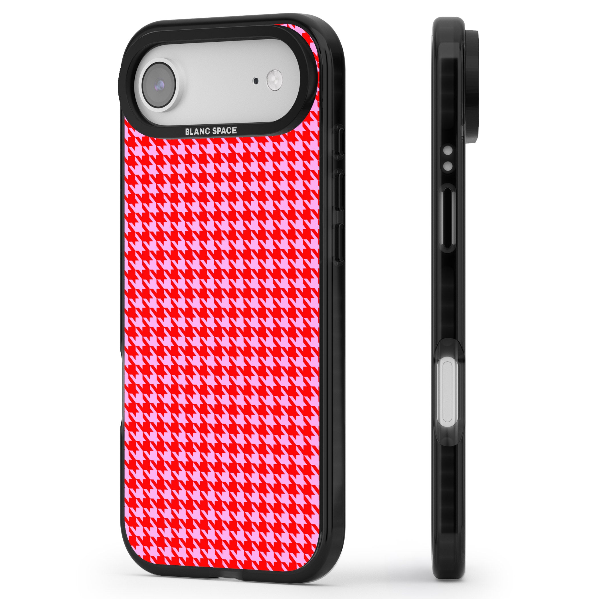 Neon Pink & Red Houndstooth iPhone 17 Air Impact Black Phone Case Side Profile