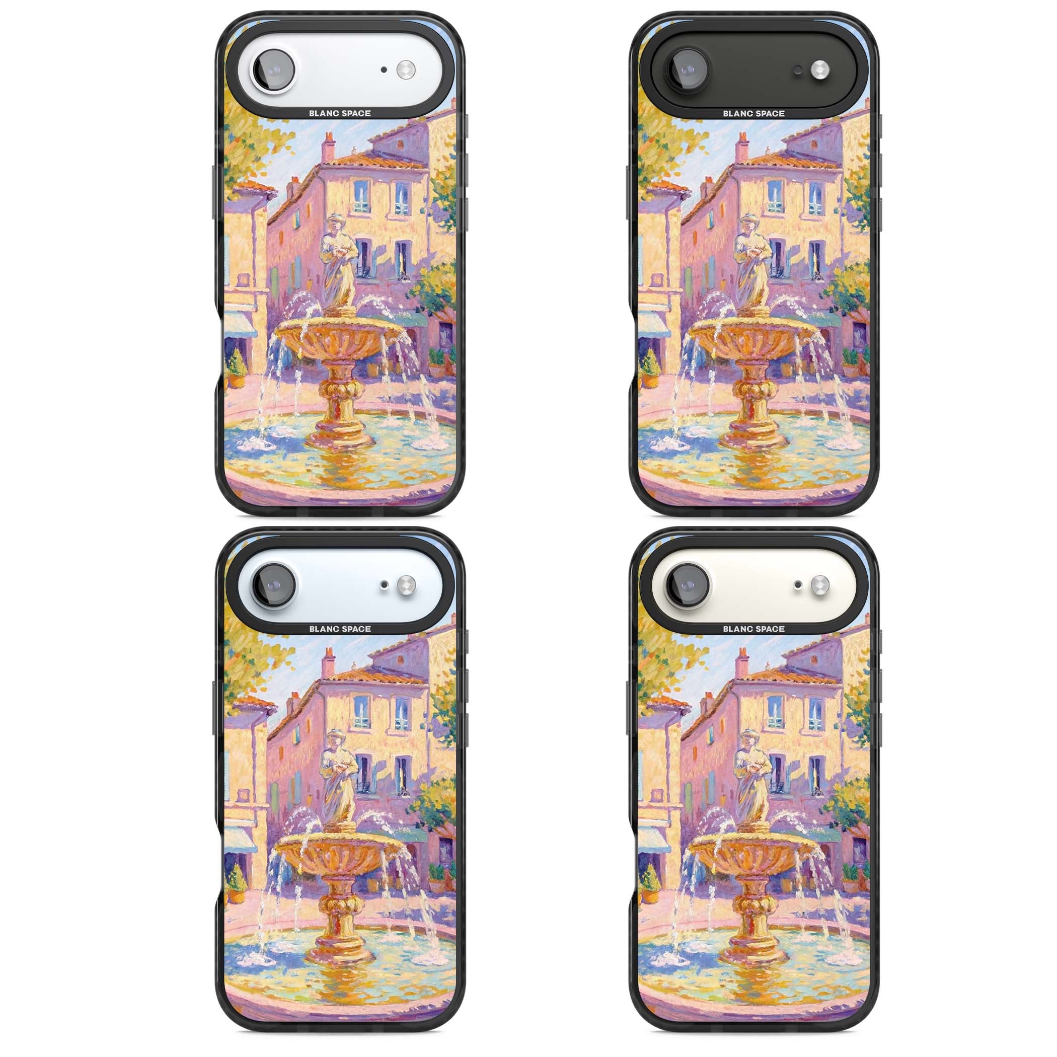 Fountain Square fine art iPhone case featuring an impressionist Provençal fountain, pastel village buildings and summe | Clear Impact case for iPhone Air