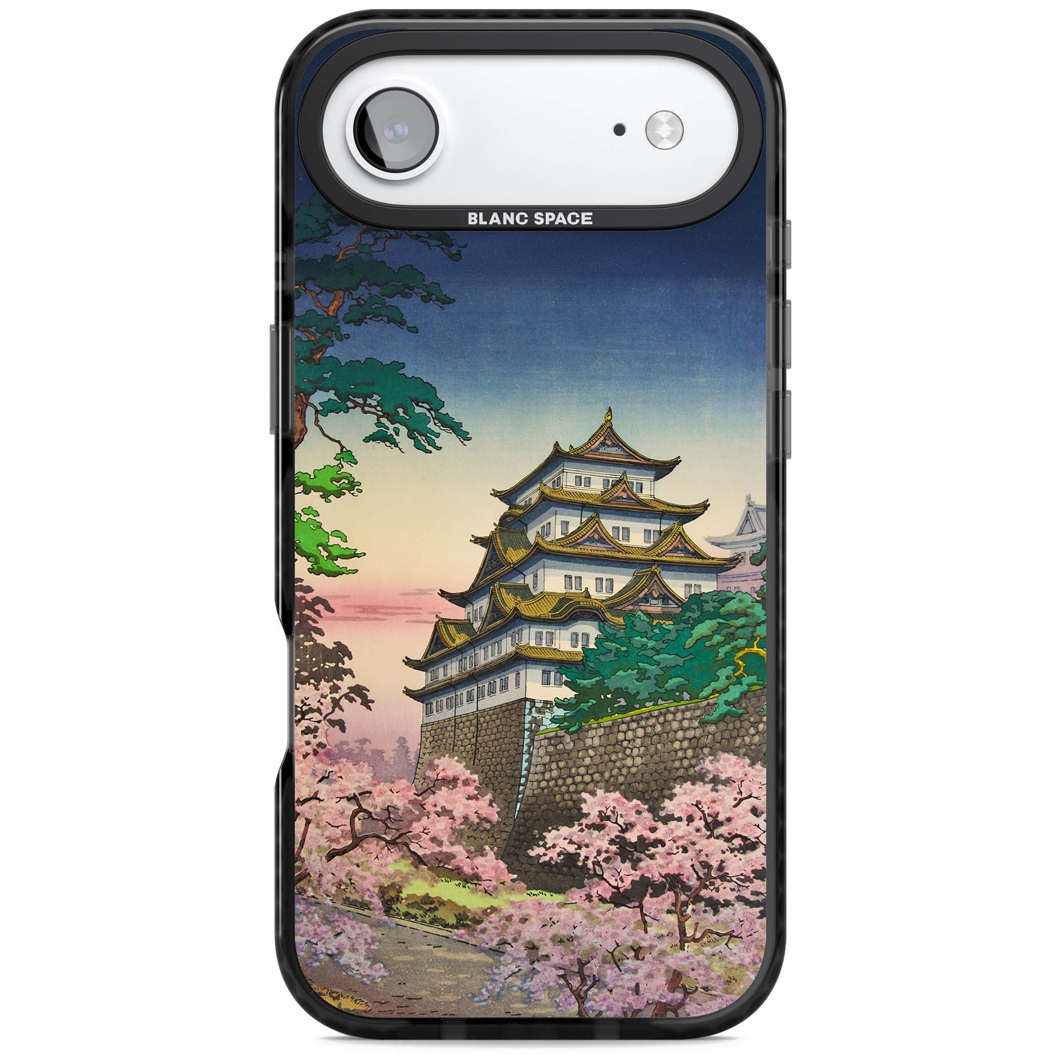 Nagoya Castle Japanese iPhone case featuring a vintage pagoda, twilight sky and cherry blossom trees | Clear Impact case for iPhone Air