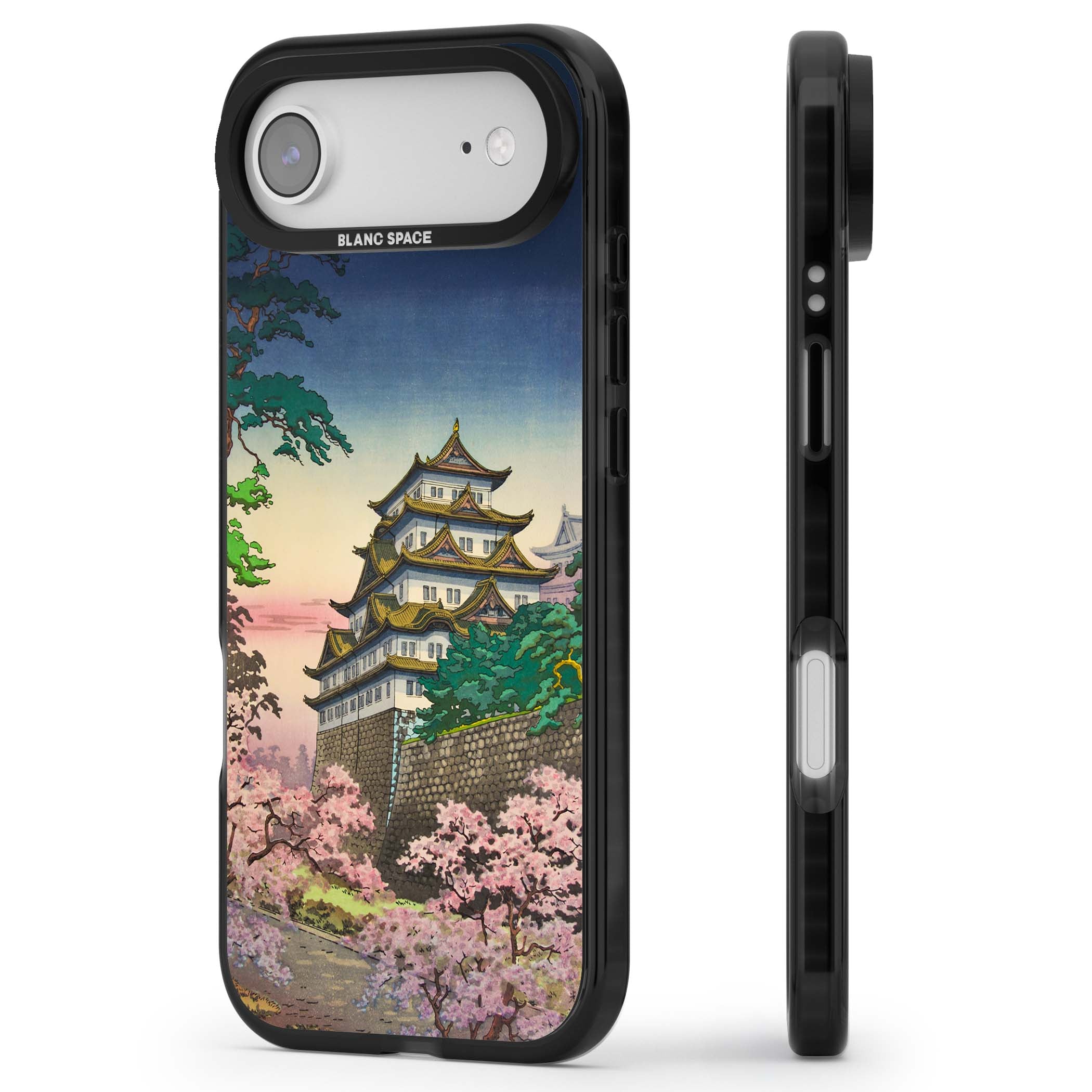 Nagoya Castle Japanese iPhone case featuring a vintage pagoda, twilight sky and cherry blossom trees | Clear Impact case for iPhone Air
