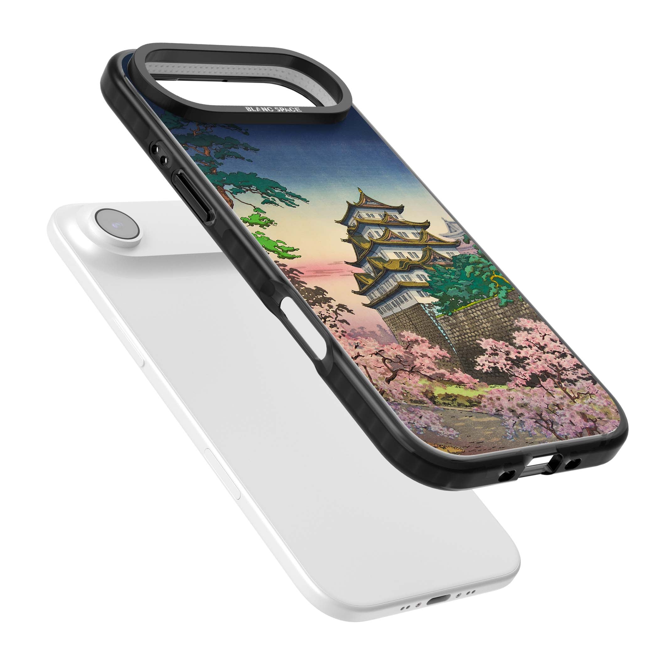 Nagoya Castle Japanese iPhone case featuring a vintage pagoda, twilight sky and cherry blossom trees | Clear Impact case for iPhone Air