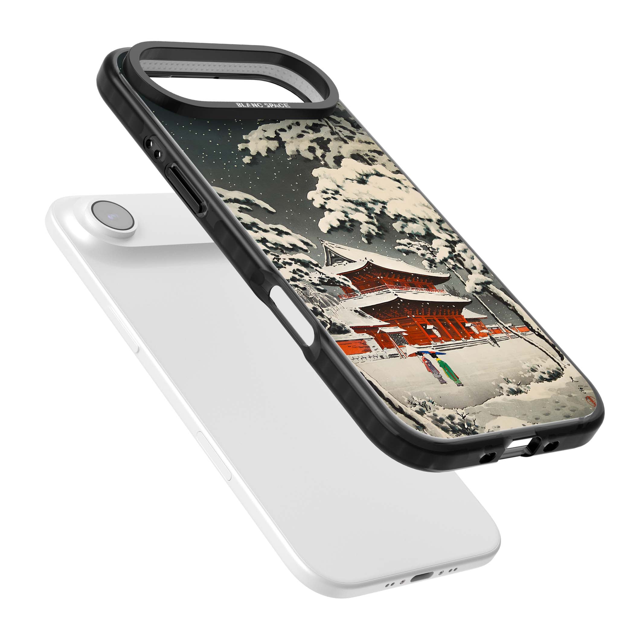 Snow at Shiha Park, Tokyo Japanese art iPhone case featuring a vintage ukiyo-e snowy temple, red pagoda, and snow-covered pin | Clear Impact case for iPhone Air