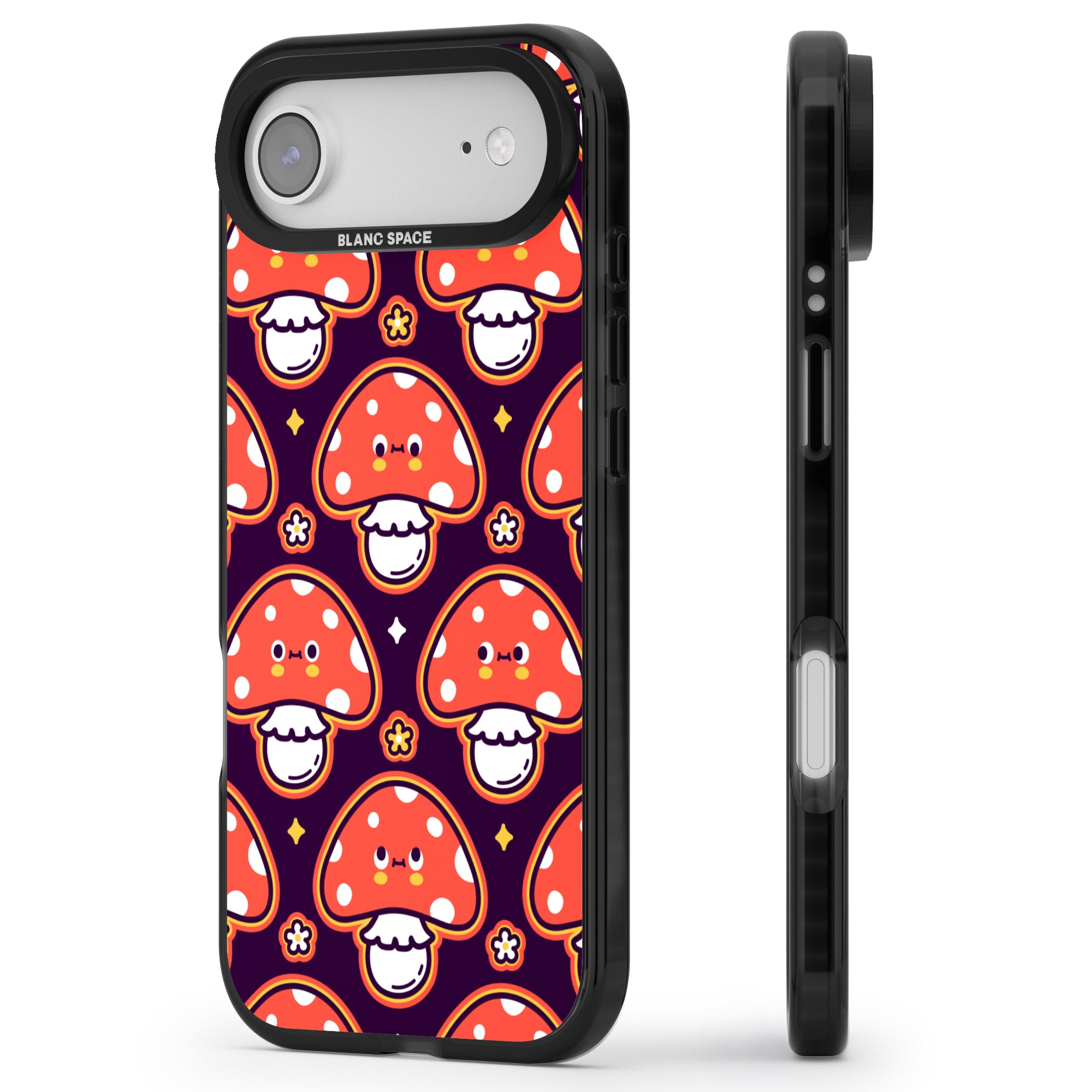 Mushroom Kawaii Pattern iPhone 17 Air Impact Black Phone Case Side Profile