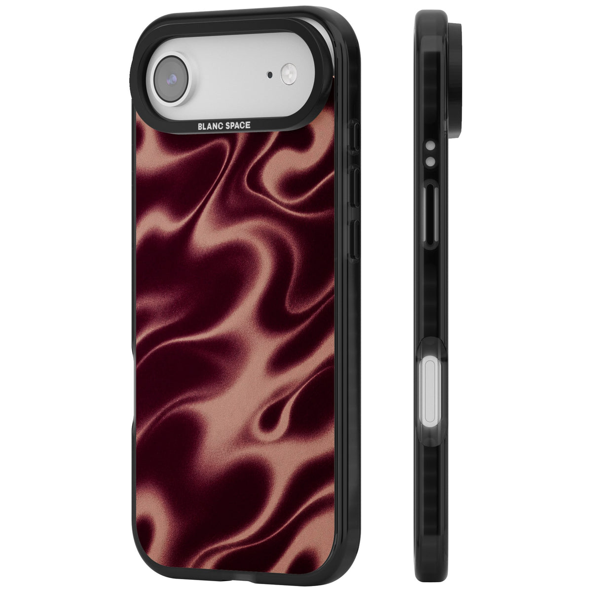 Merlot Sand abstract iPhone case featuring burgundy liquid satin waves, rose-gold highlights and silky folds iPhone Air / iPhone 17 Air Impact Black Phone Case side