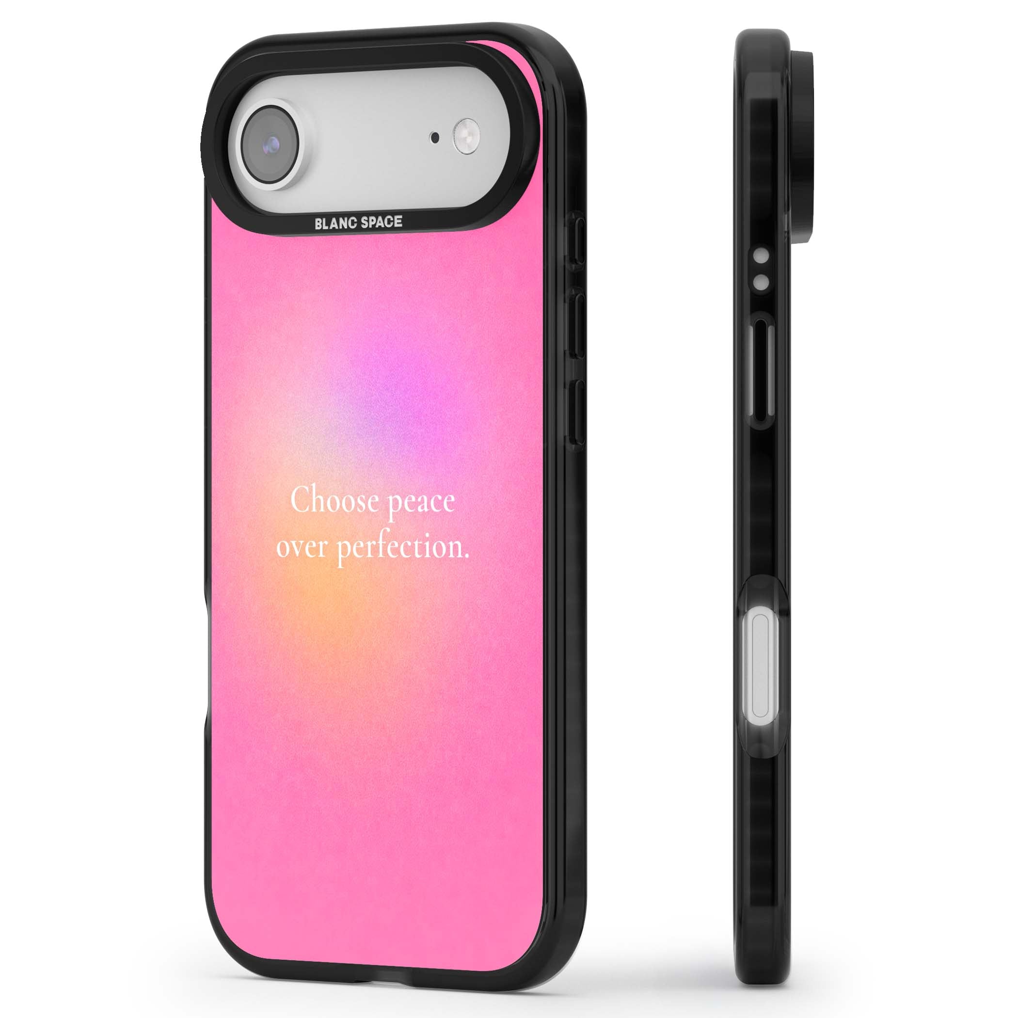 Peace Over Perfection quote iPhone case featuring a dreamy pink aura gradient and delicate white affirmation text | Black Impact Magsafe case for iPhone Air