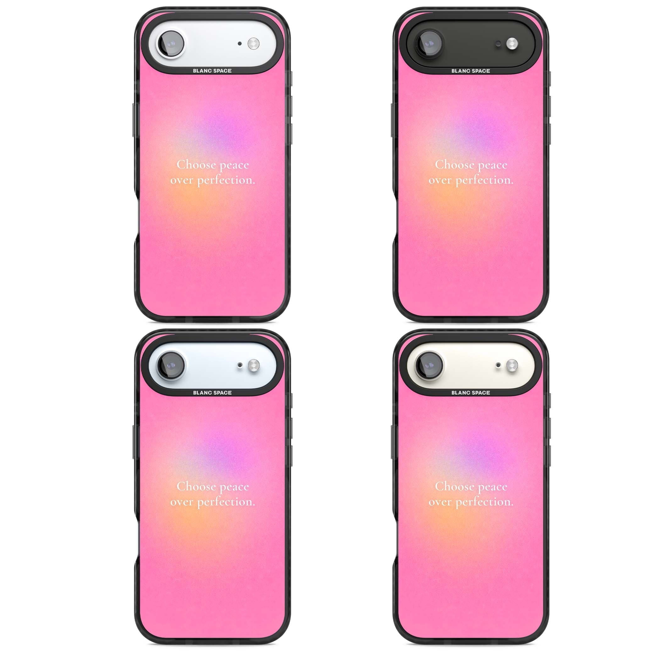 Peace Over Perfection quote iPhone case featuring a dreamy pink aura gradient and delicate white affirmation text | Black Impact Magsafe case for iPhone Air
