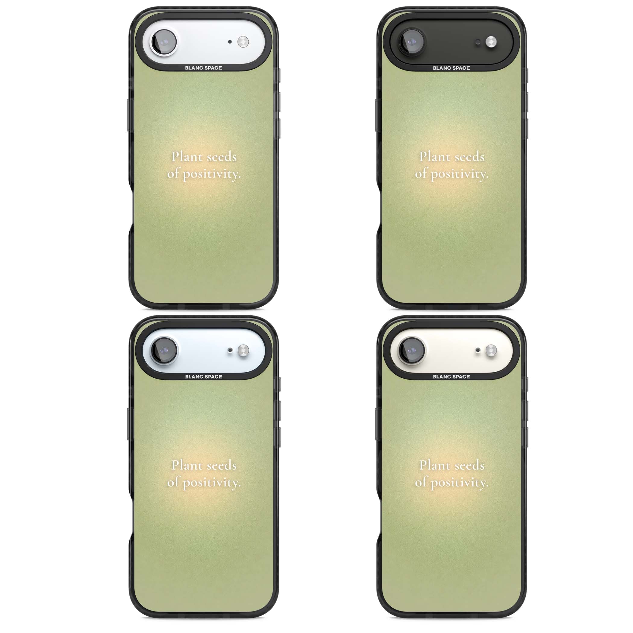 Seeds of Positivity quote iPhone case featuring a sage green aura gradient and golden glow affirmation | Black Impact Magsafe case for iPhone Air