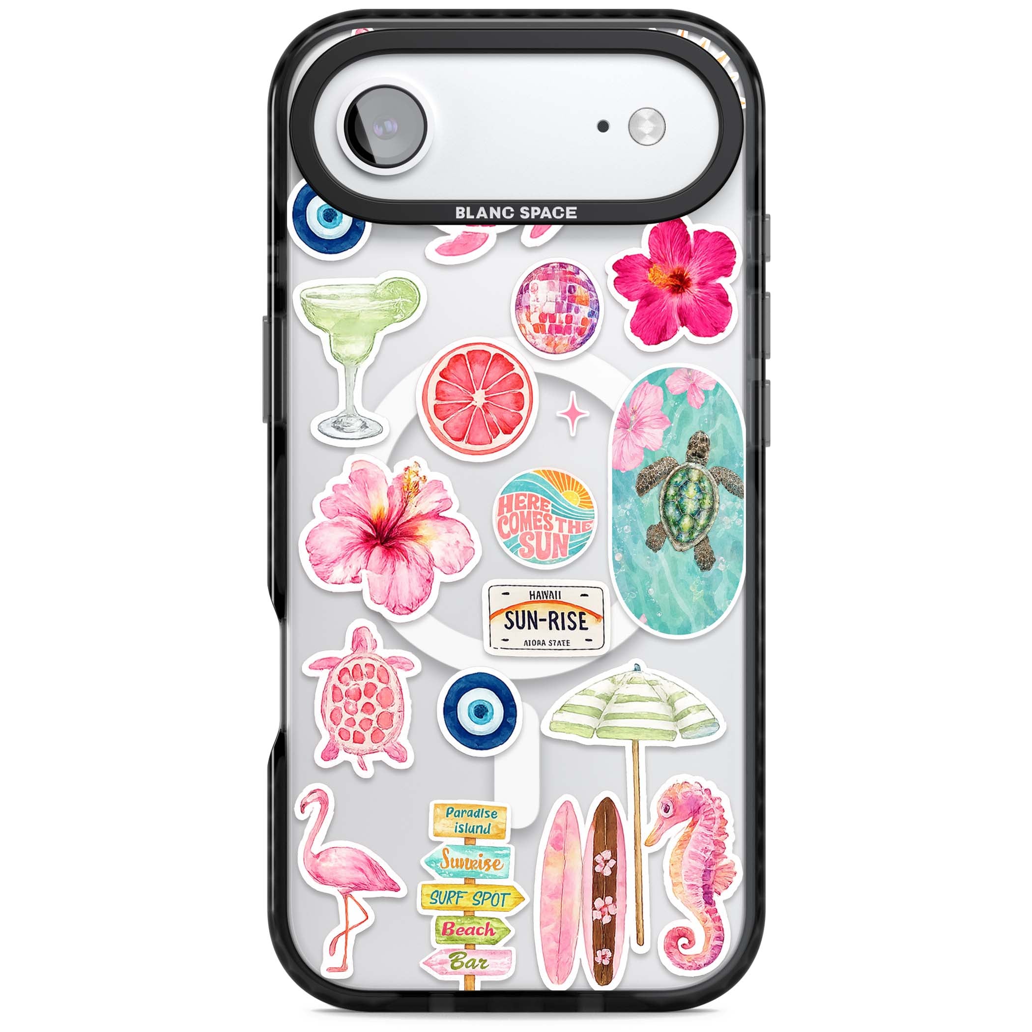 Aloha Sticker Mix tropical summer iPhone case featuring pink hibiscus, sea turtles, flamingo and beach umbrella stickers | Black Impact Magsafe case for iPhone Air