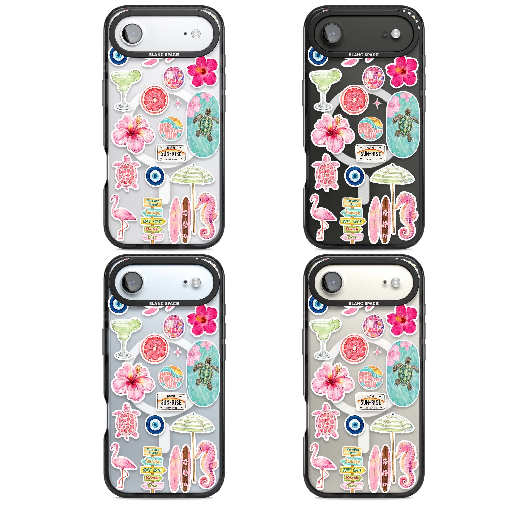 Aloha Sticker Mix tropical summer iPhone case featuring pink hibiscus, sea turtles, flamingo and beach umbrella stickers | Black Impact Magsafe case for iPhone Air