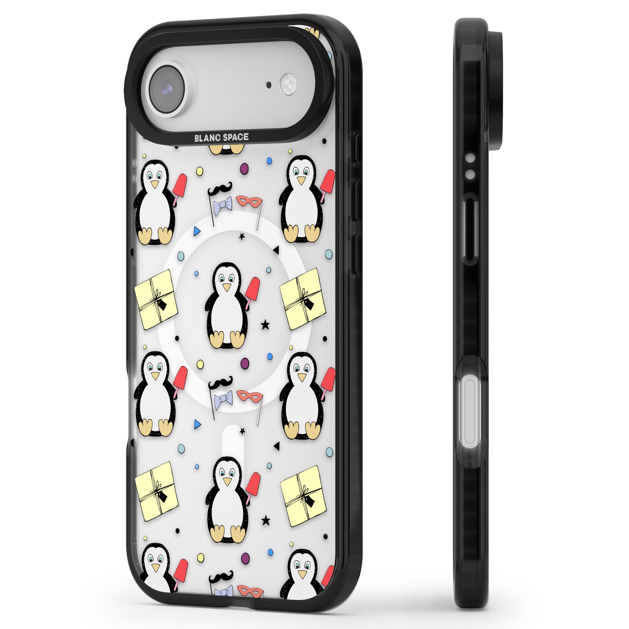 Cute Penguin Pattern Clear iPhone 17 Air Impact Pro Black Phone Case Side Profile