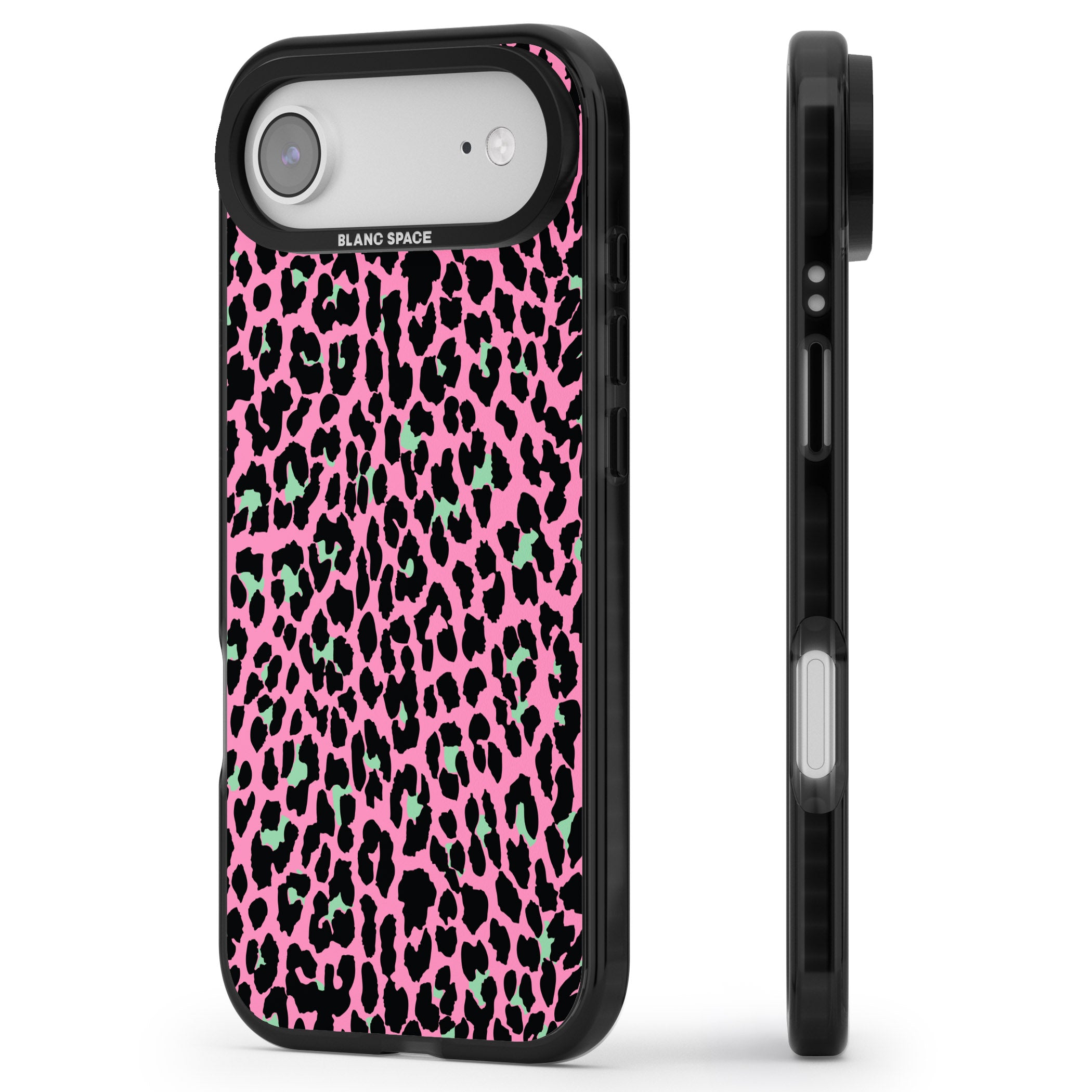 Pink & Green Leopard iPhone 17 Air Impact Pro Black Phone Case Side Profile
