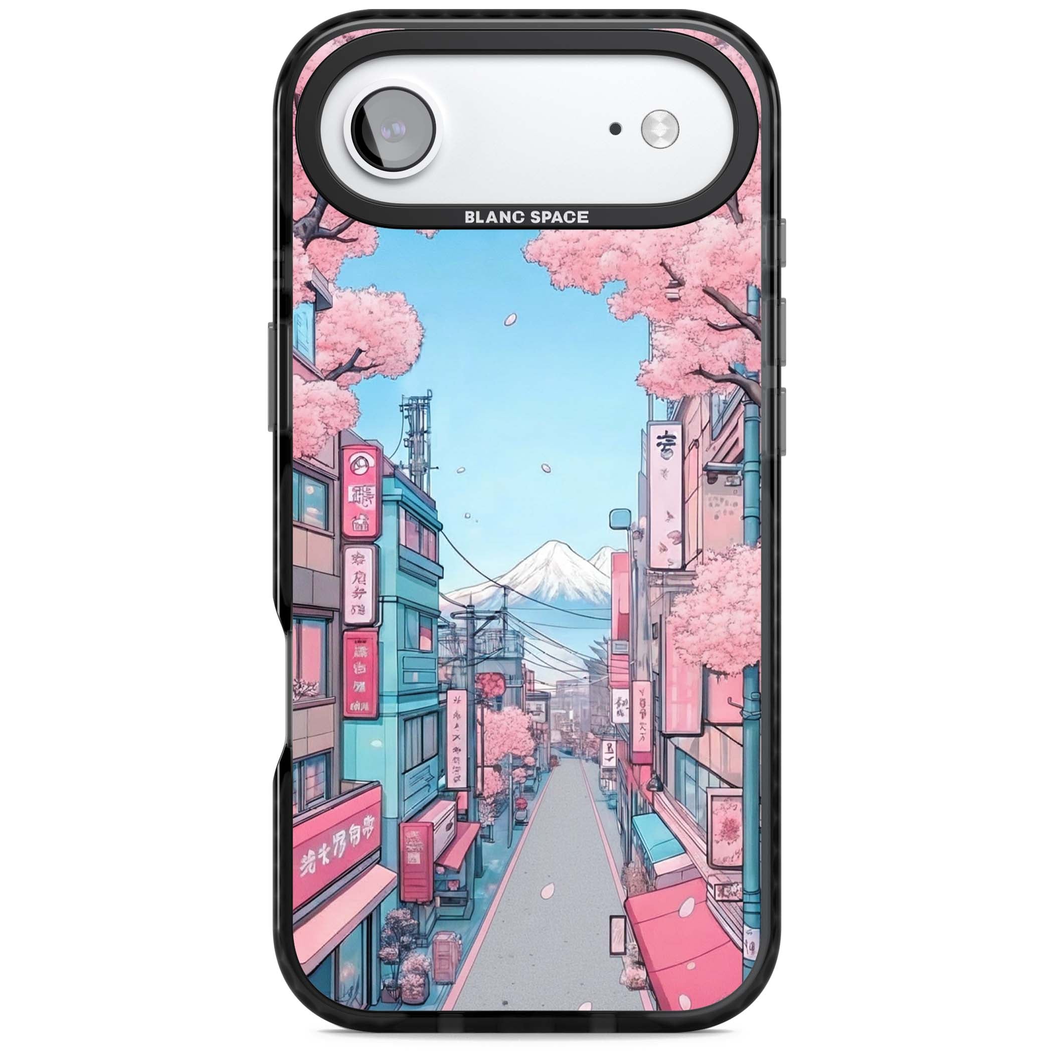 Sakura Lane anime iPhone case featuring Tokyo street scene with cherry blossoms and Mount Fuji | Black Impact Magsafe case for iPhone Air