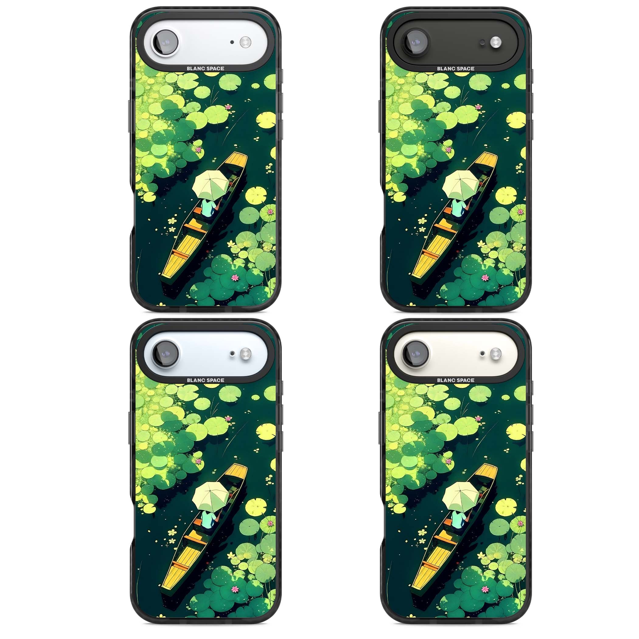 Jade Waters cottagecore iPhone case featuring a painted lily pond, wooden boat with parasol and floating water lilies | Black Impact Magsafe case for iPhone Air