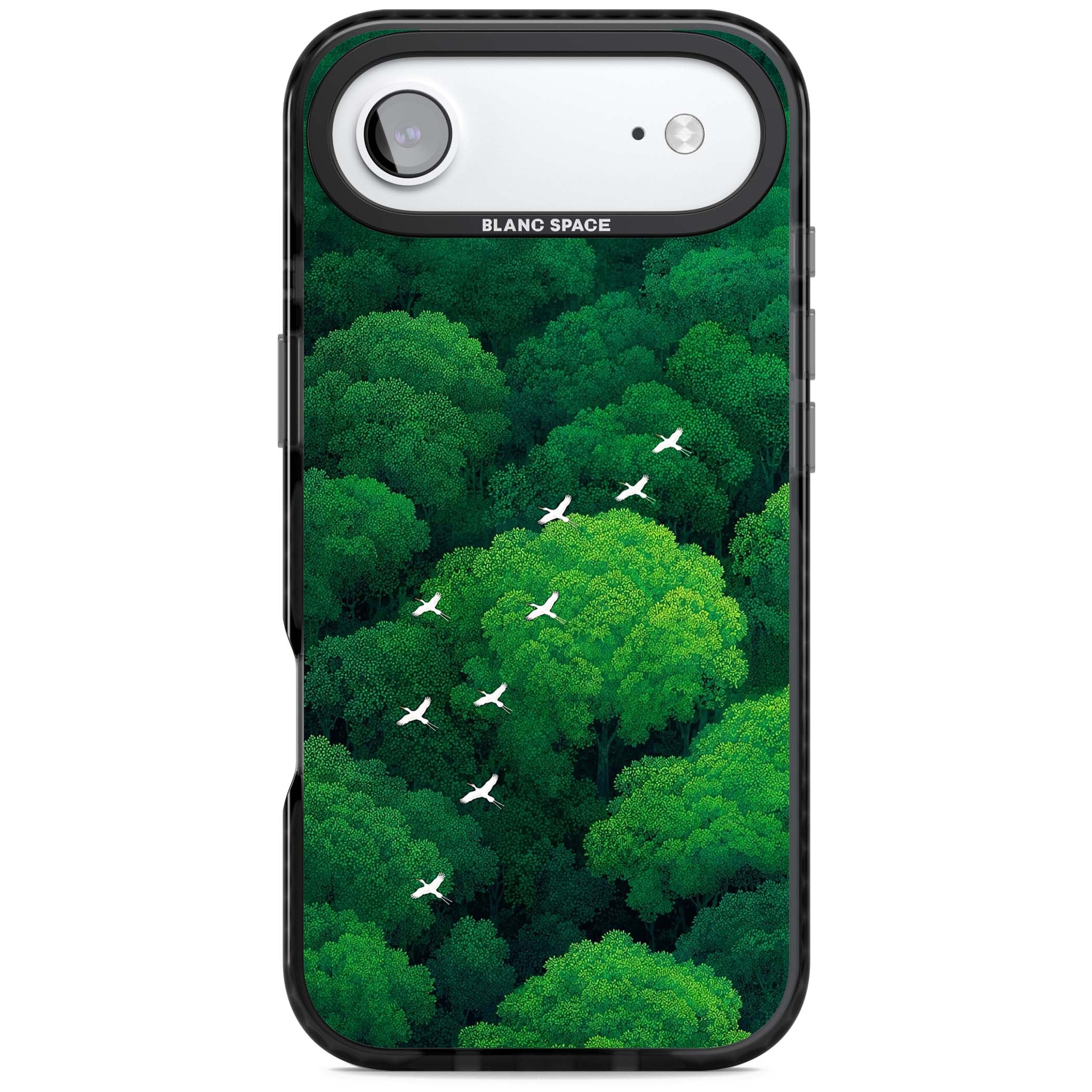 Grove Migration forest iPhone case featuring white cranes flying over lush green treetop canopy | Black Impact Magsafe case for iPhone Air