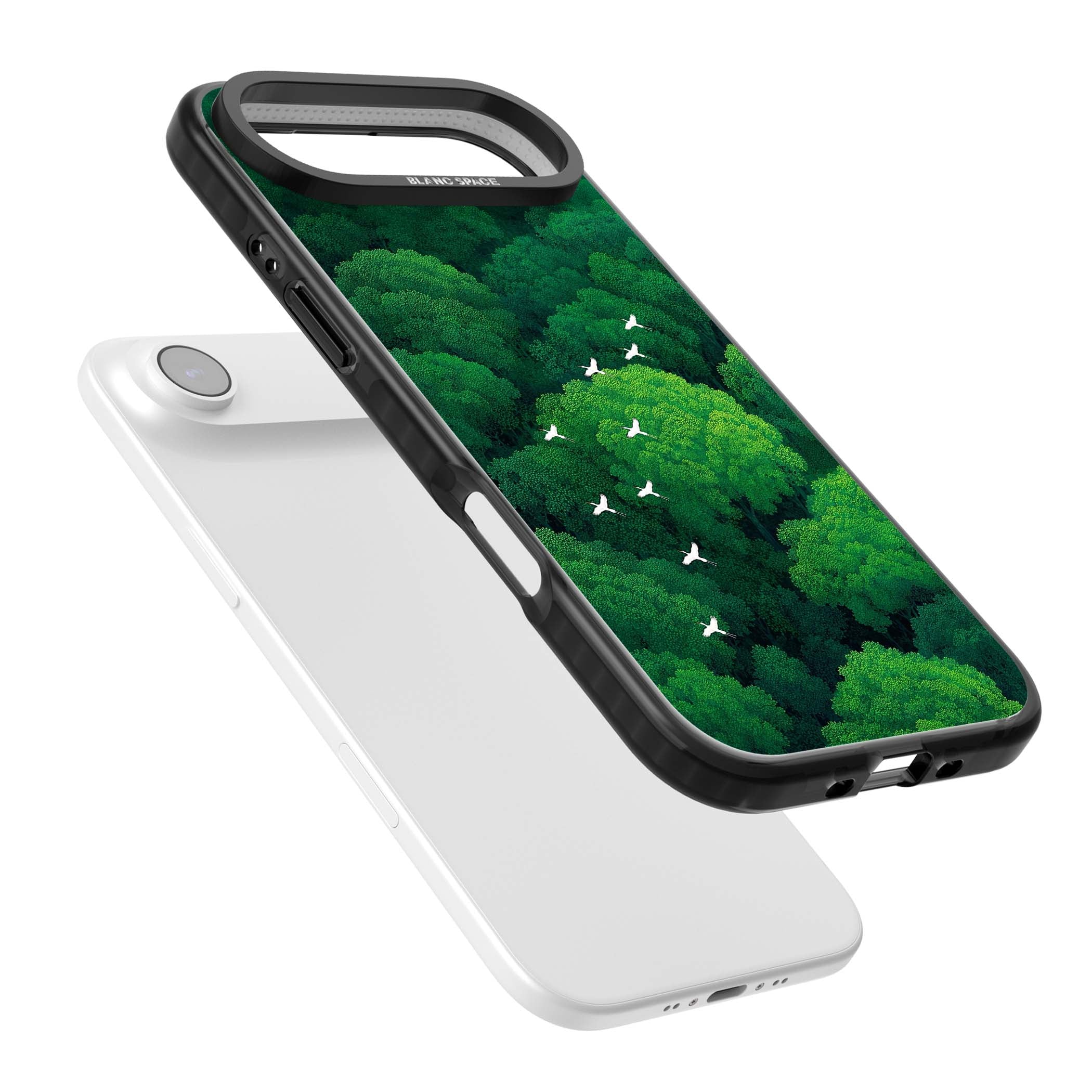 Grove Migration forest iPhone case featuring white cranes flying over lush green treetop canopy | Black Impact Magsafe case for iPhone Air