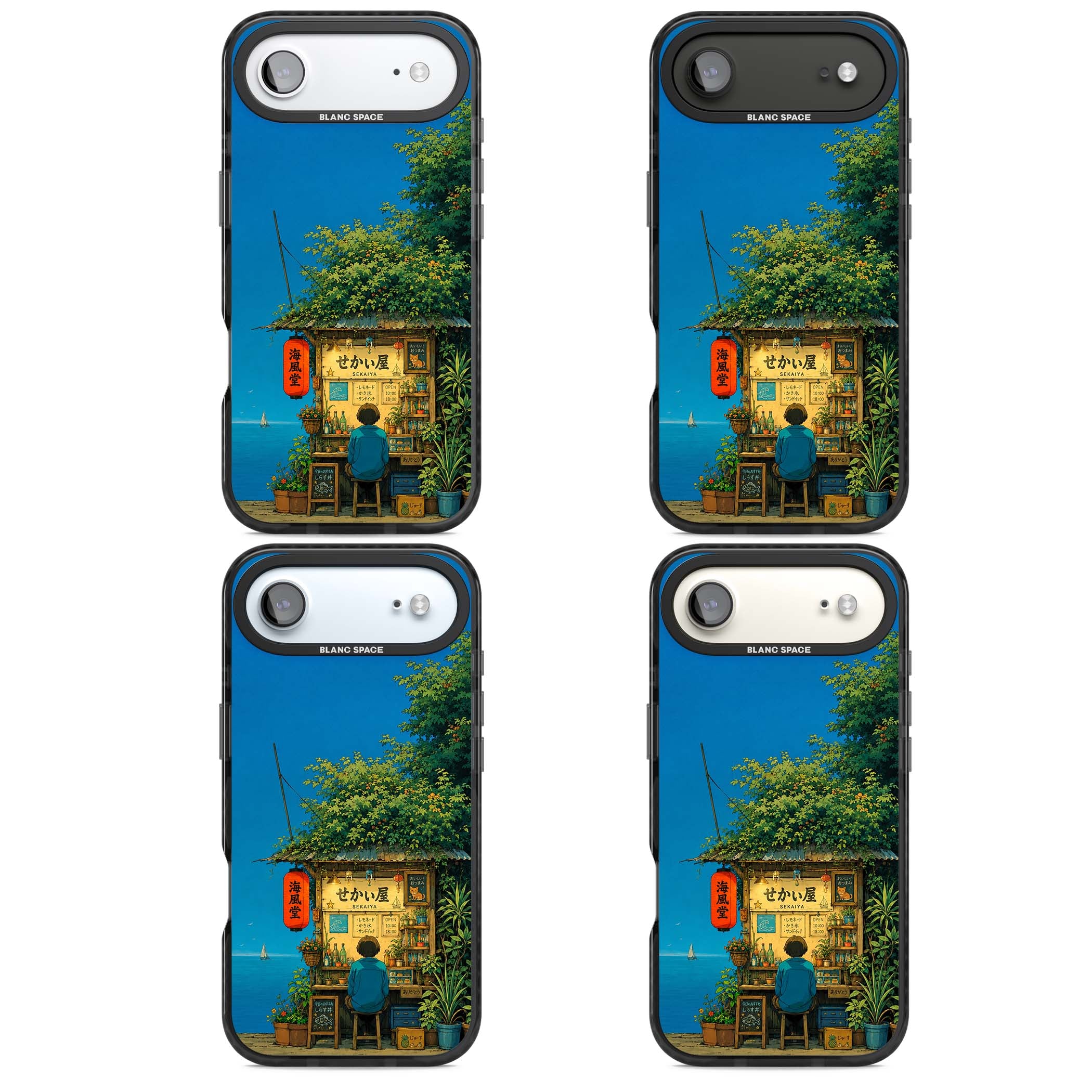 The Shirahama Kiosk anime iPhone case featuring a Japanese seaside shop, red paper lantern and ocean view | Black Impact Magsafe case for iPhone Air