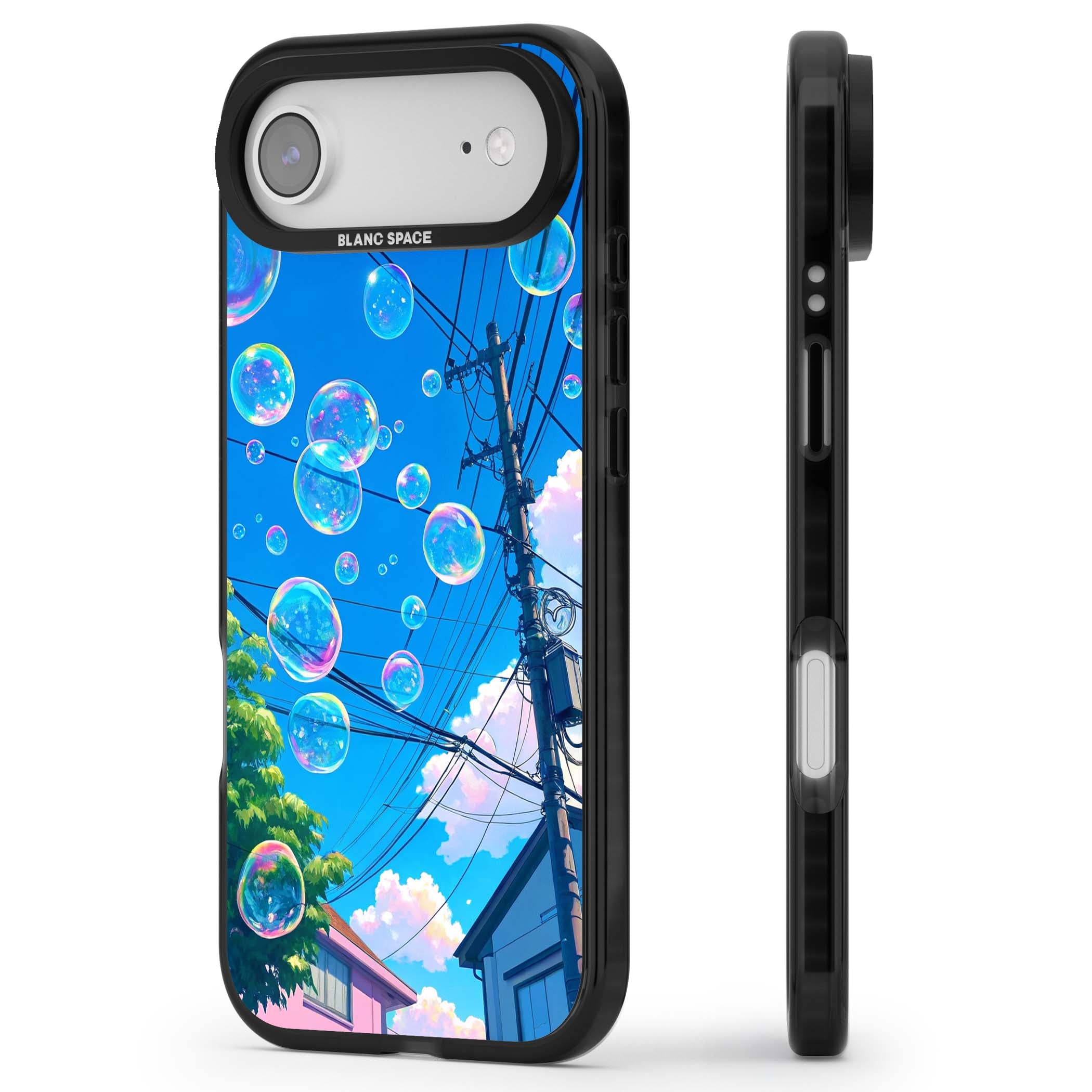 Suburban Bubbles anime iPhone case featuring iridescent soap bubbles, blue sky and Japanese telephone wires | Black Impact Magsafe case for iPhone Air